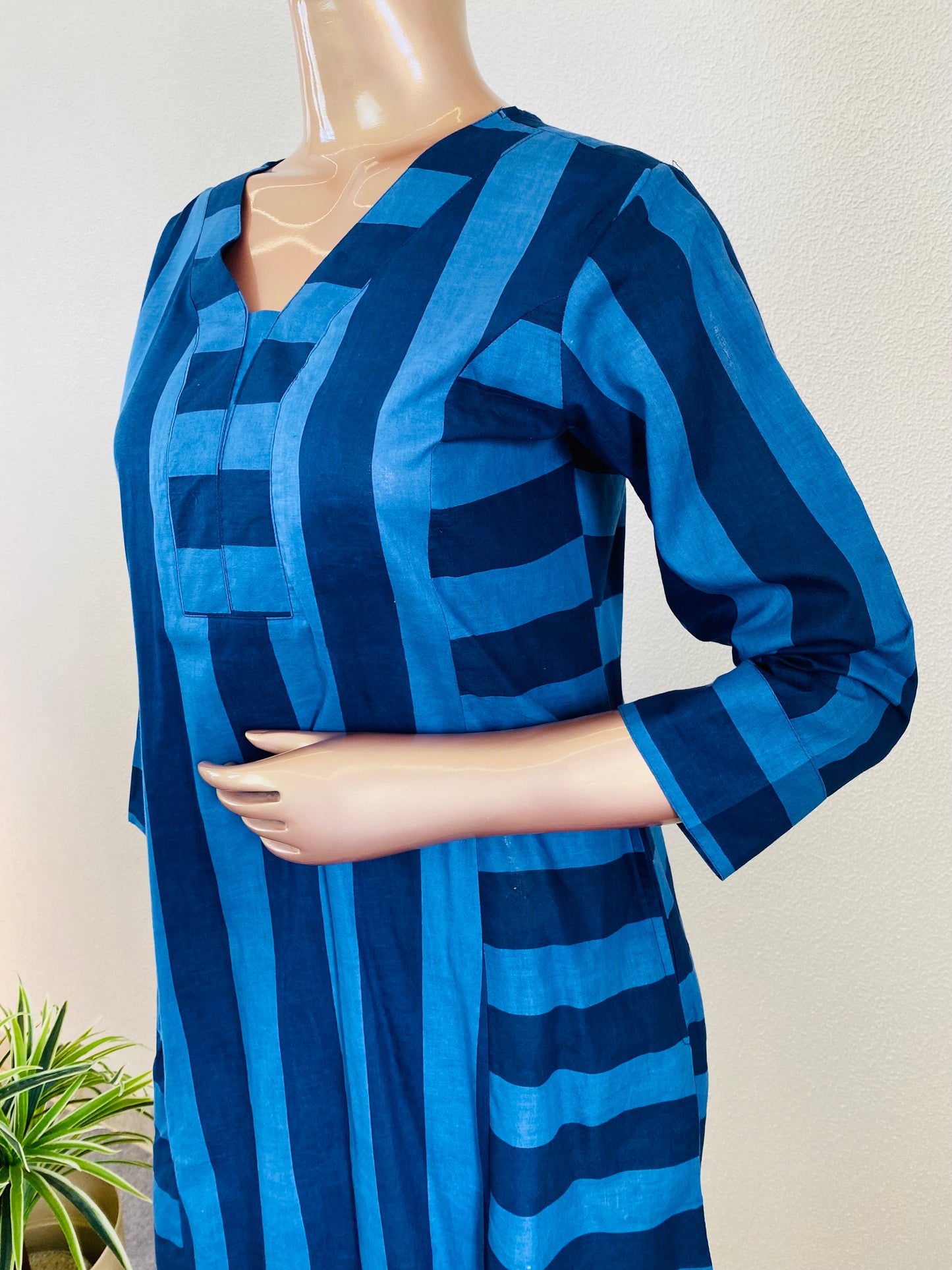 Cotton Kurta Pant Set with Stripe Print- Blue