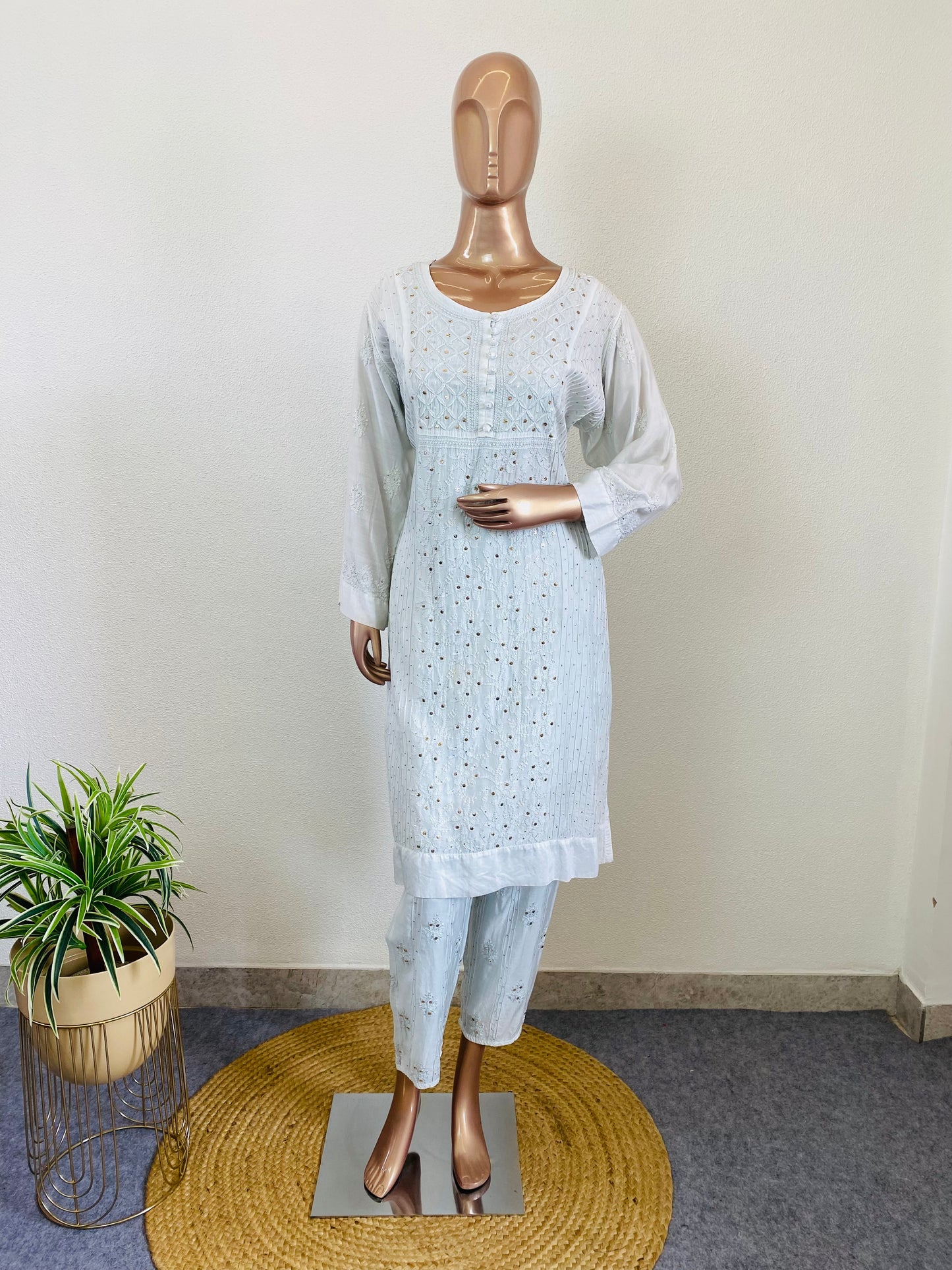 Muslin Lucknavi suit with Mukaish Work - Blue