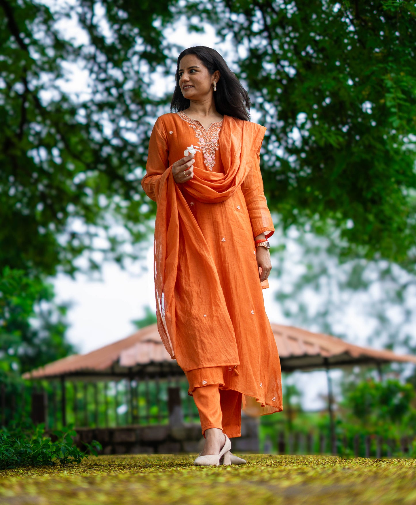 Zardozi Work Mul Chanderi Suit Set - Orange