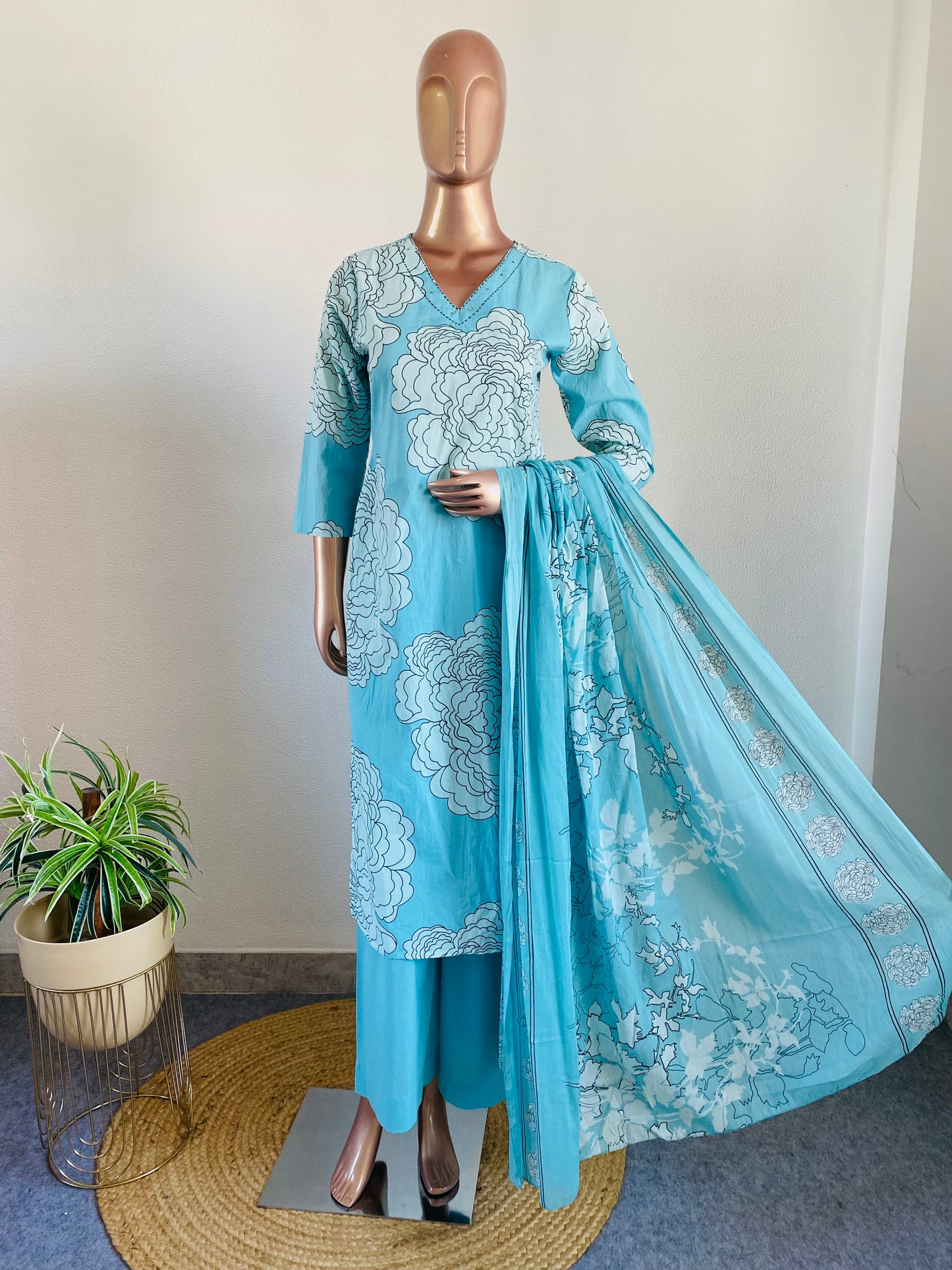 Floral Print V Neck Cotton Suit Set