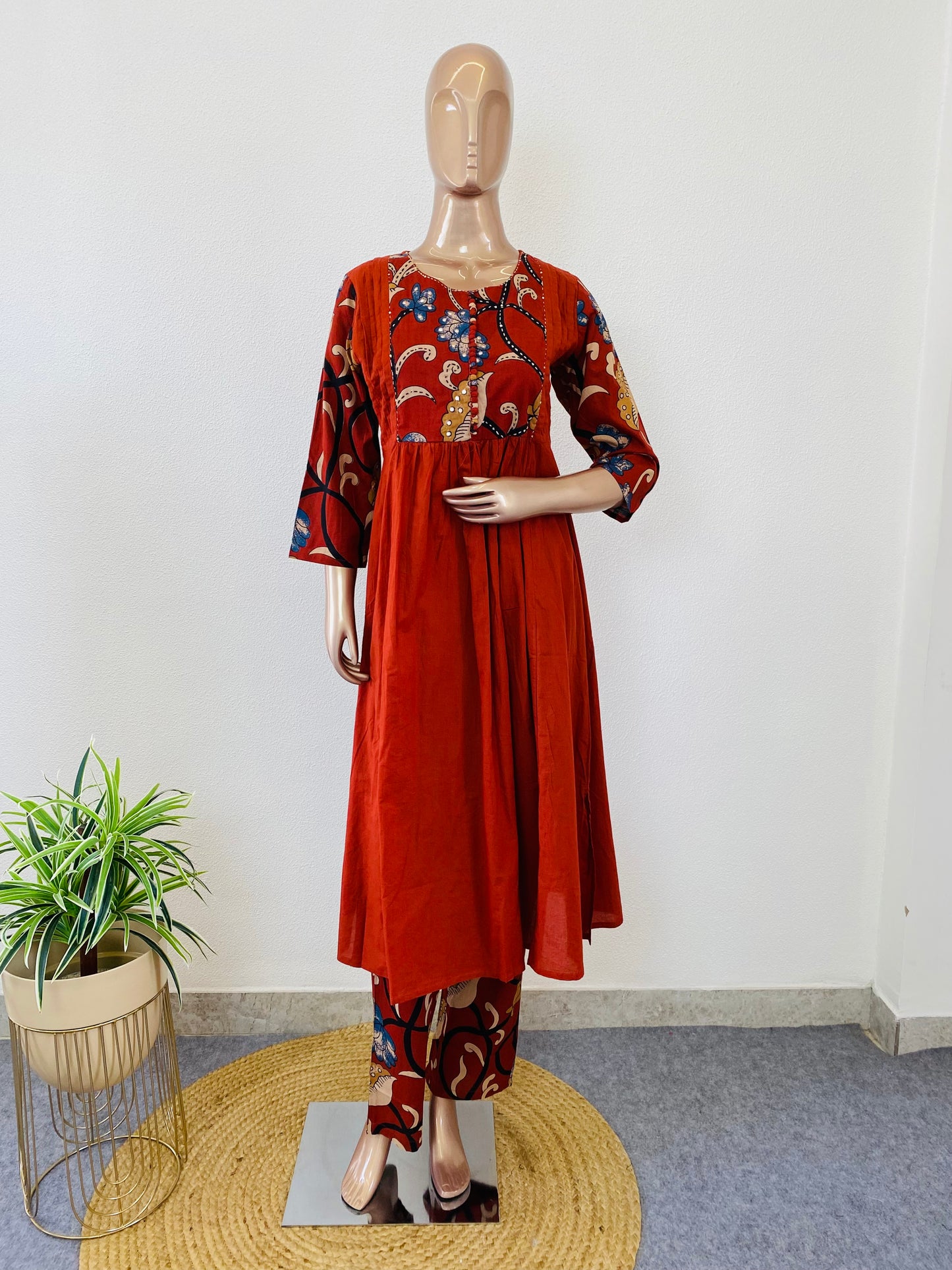 Cotton Frock Style Suit Set with Kalamkari Print Details