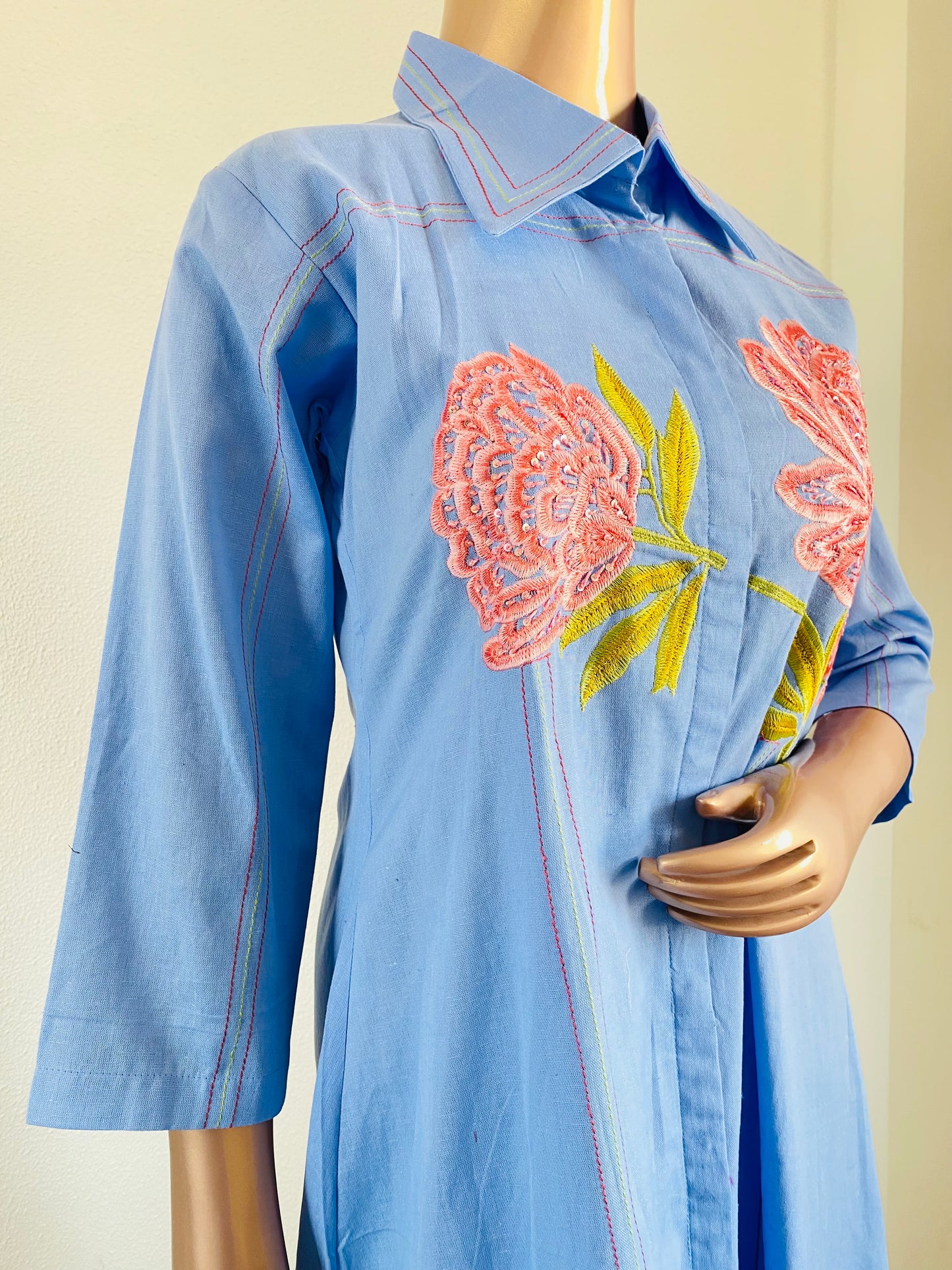 Embroidered Linen Tunic in Denim Color