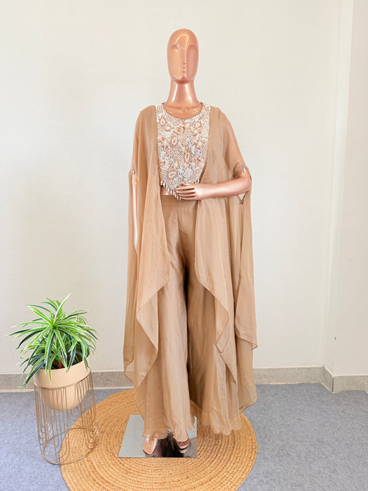 Organza Indowestern with kaftan Sleeve Top & Palazzo