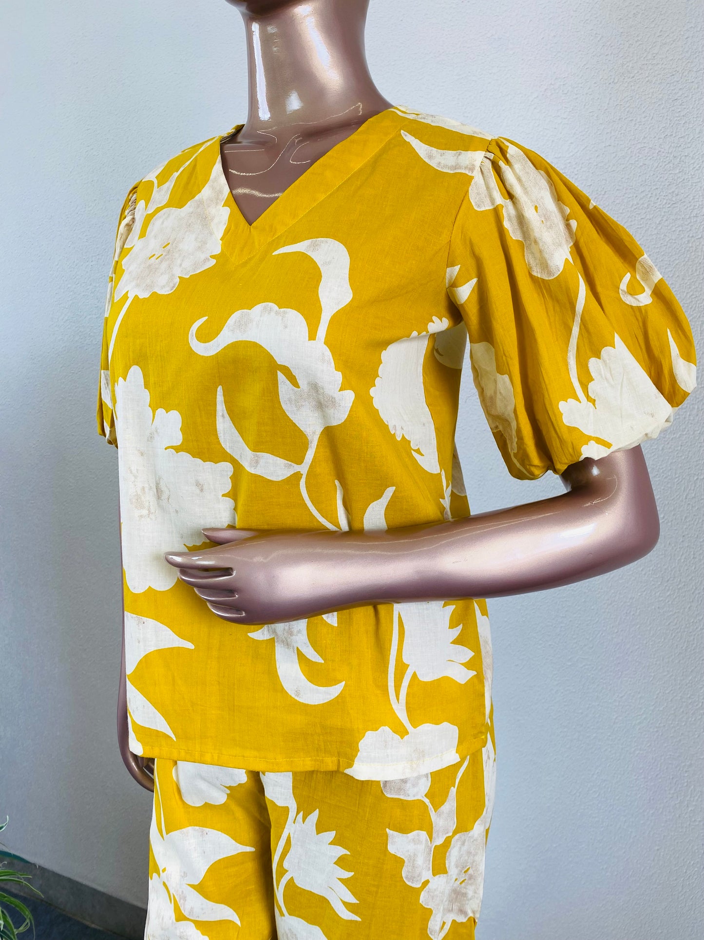 Cotton Coord Set with Puff Sleeves and Buttoned Pants- Yellow