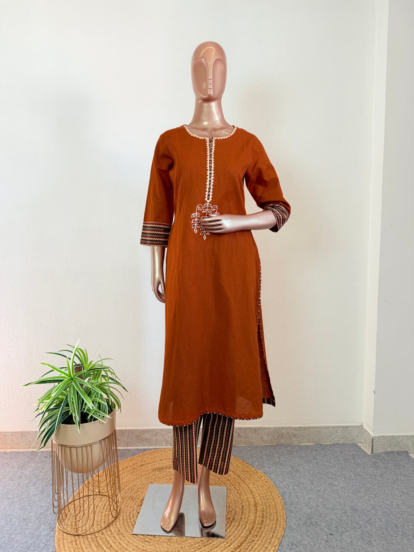 Cotton Linen Suit Set with Zig Zag Palazzo & Dupatta