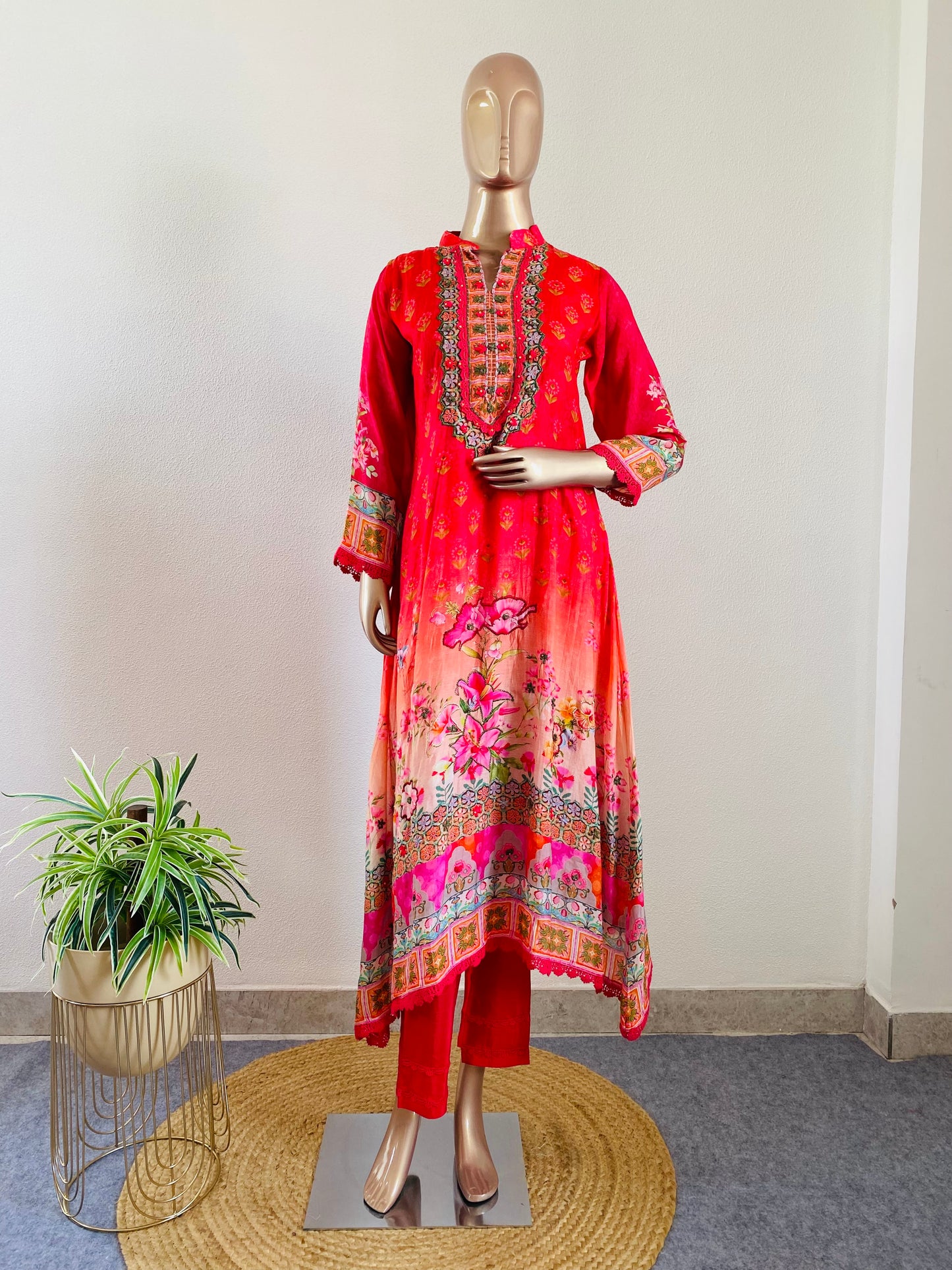 Printed Muslin A-line Suit Set-Red