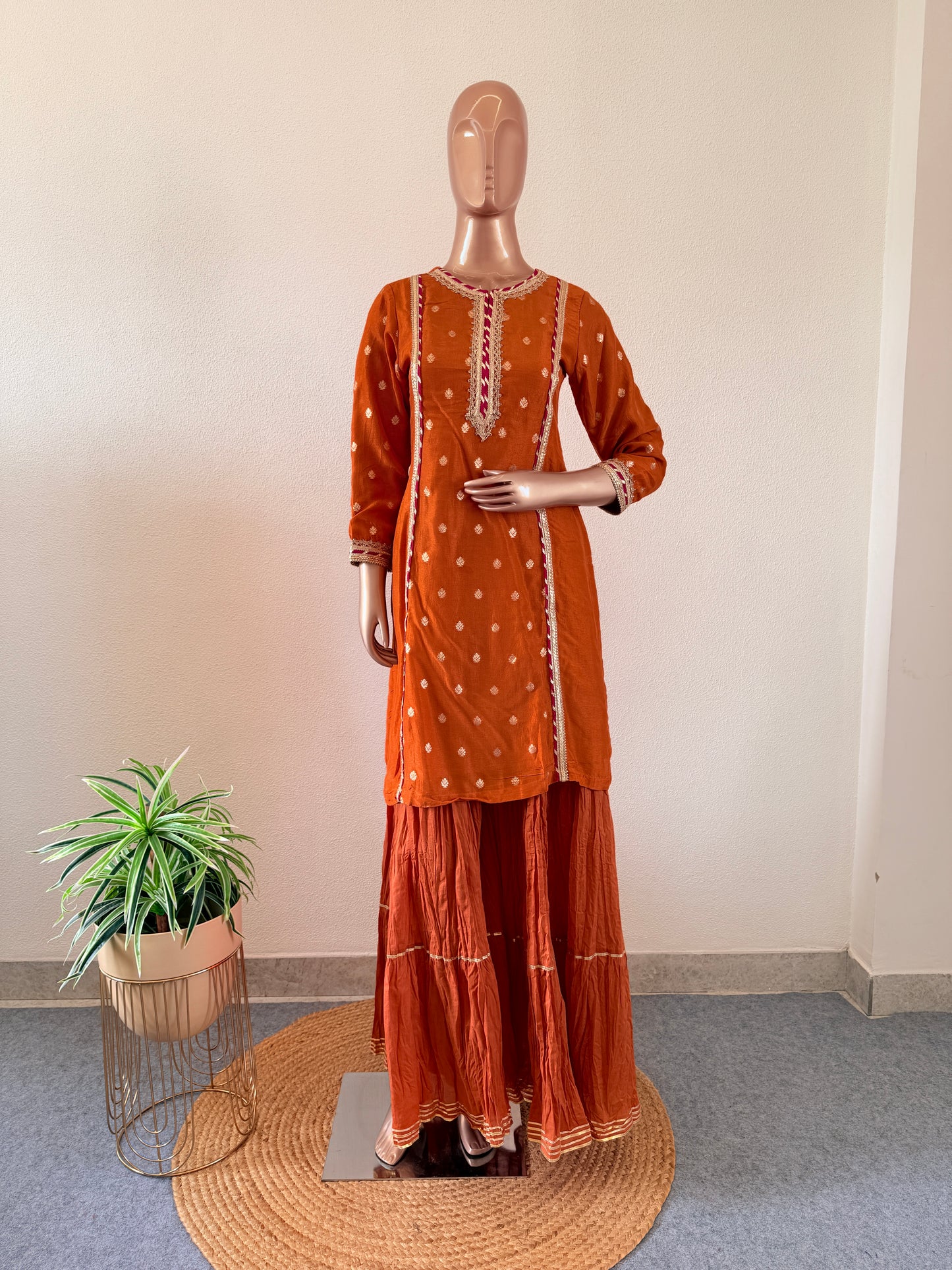 Silk kurta with crush cotton Palazzo & organza dupatta
