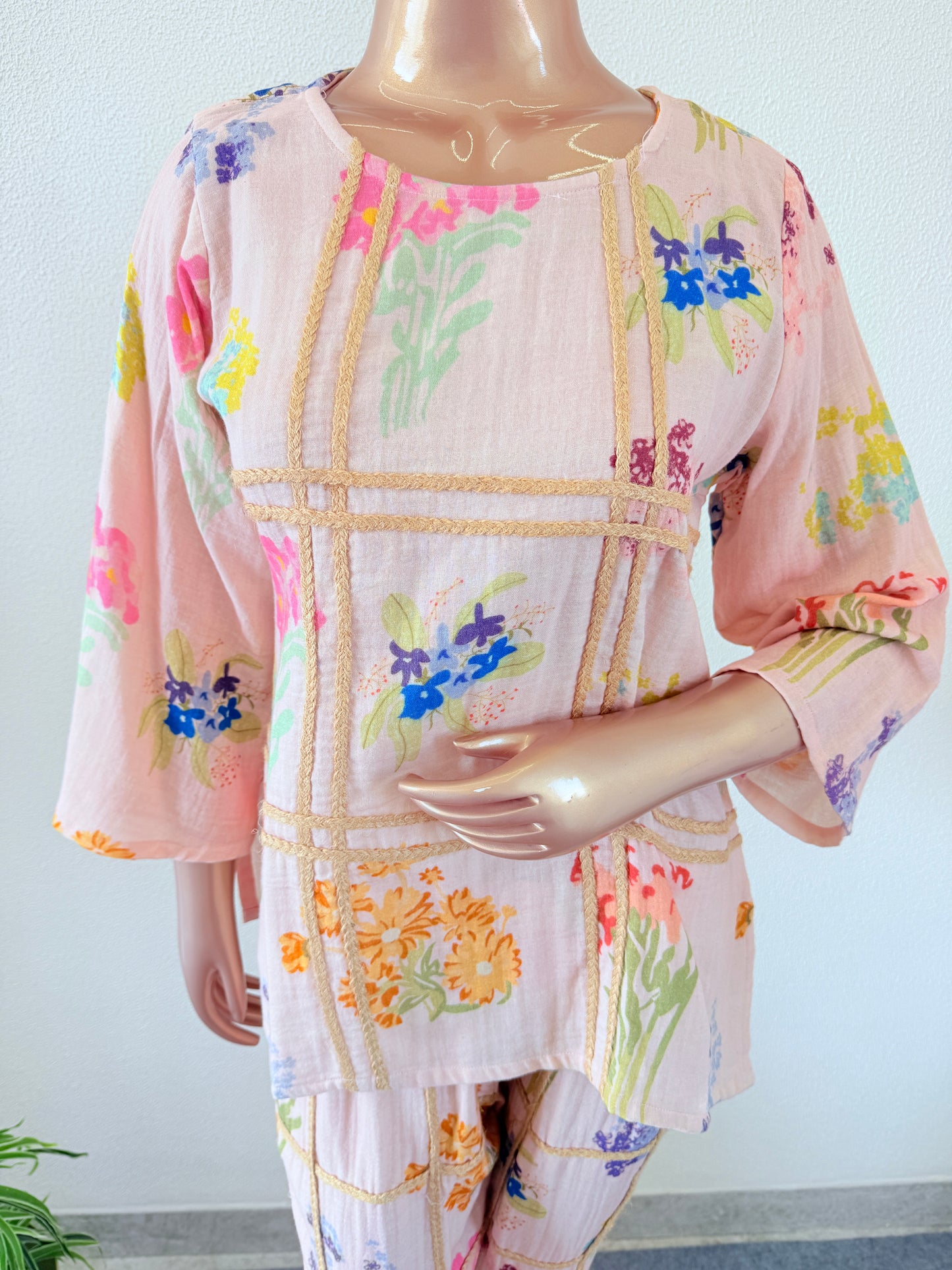 Pure linen Floral Coords with jute detail -Pink