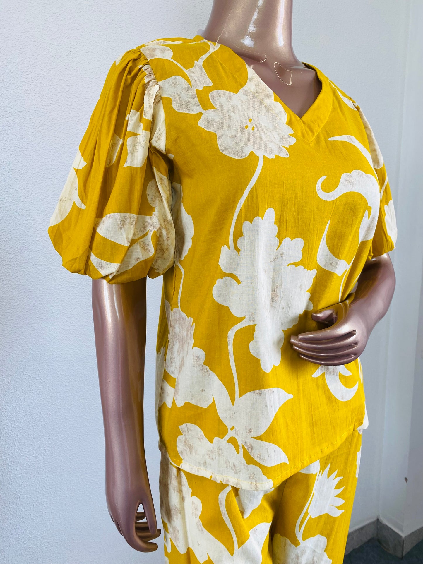 Cotton Coord Set with Puff Sleeves and Buttoned Pants- Yellow