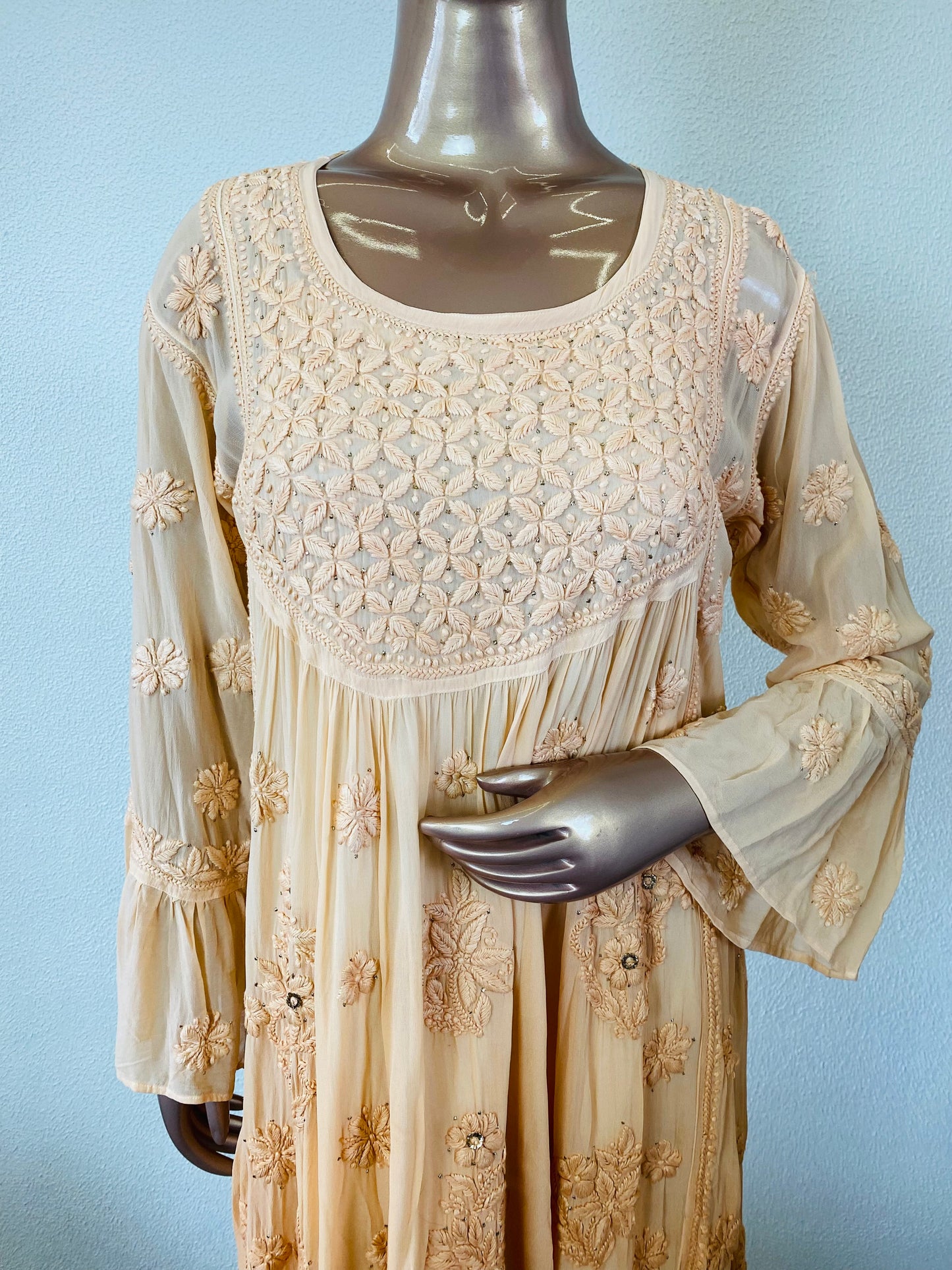 Ombre Chikankari Kurti with Mukaish Work - Almond