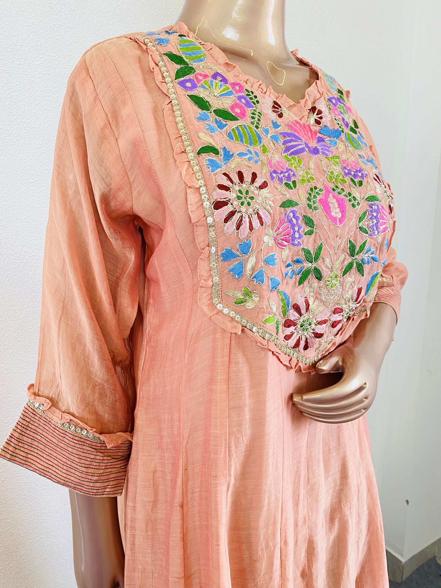 Mul Chanderi Frock Suit with Pittan Work on Yoke