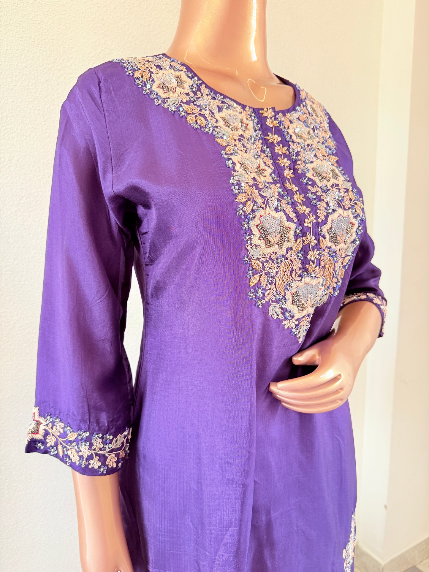 Dola Silk Short Kurta Suit Set- Purple