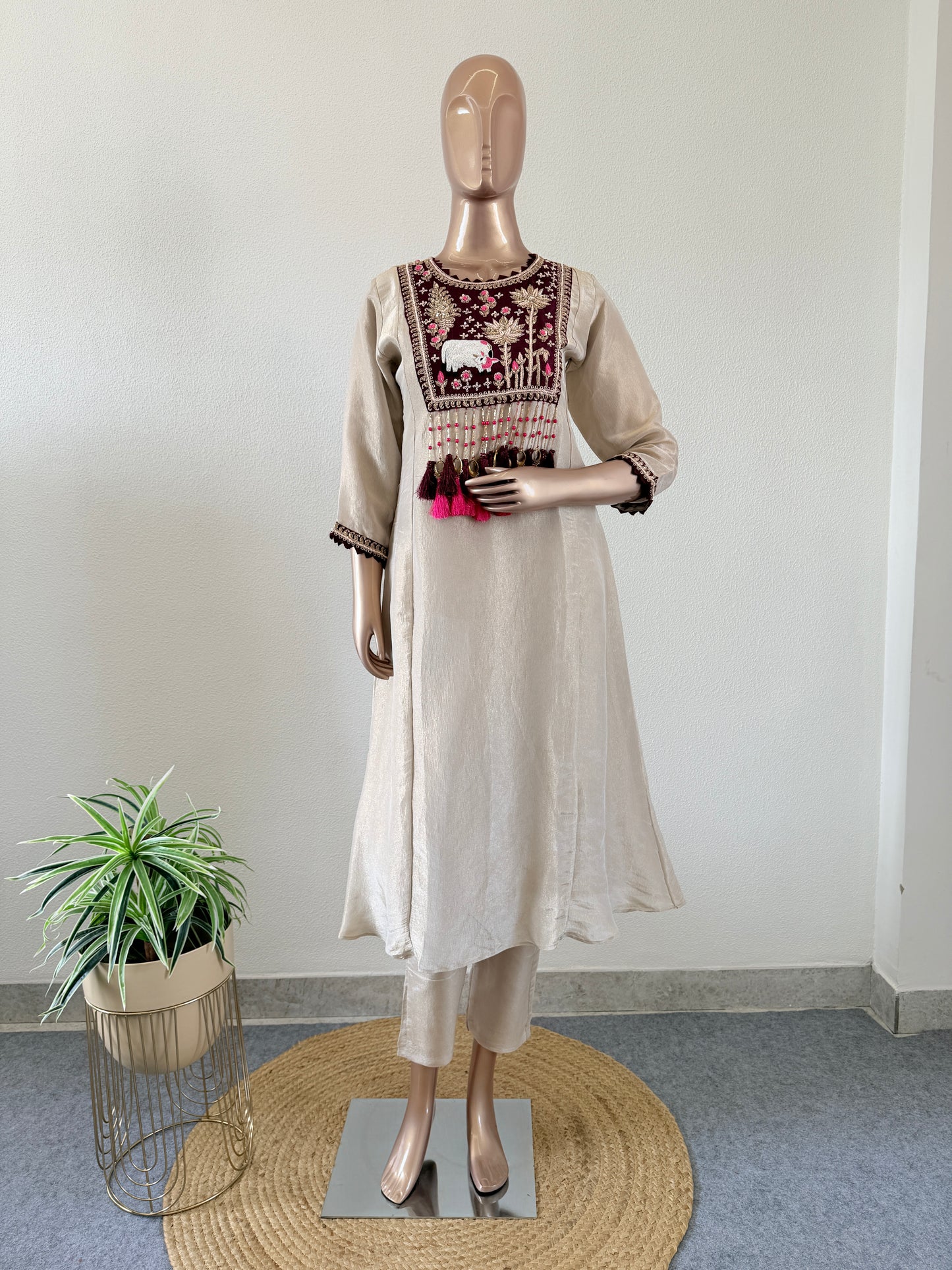 Pichwai Embroidered Tissue Suit with Long Tassels