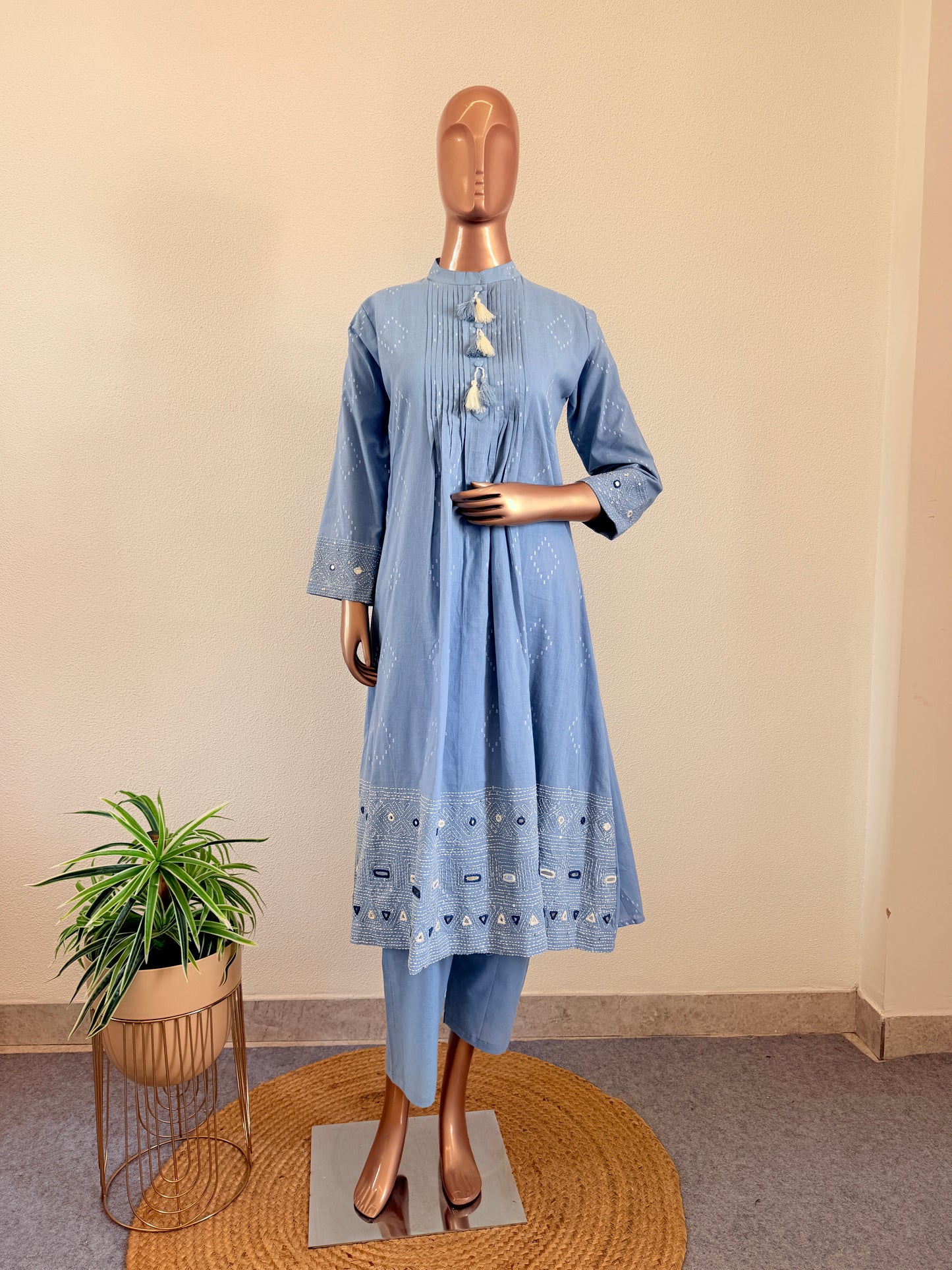 Jamdani A-Line Suit set with Katha & Mirror Work