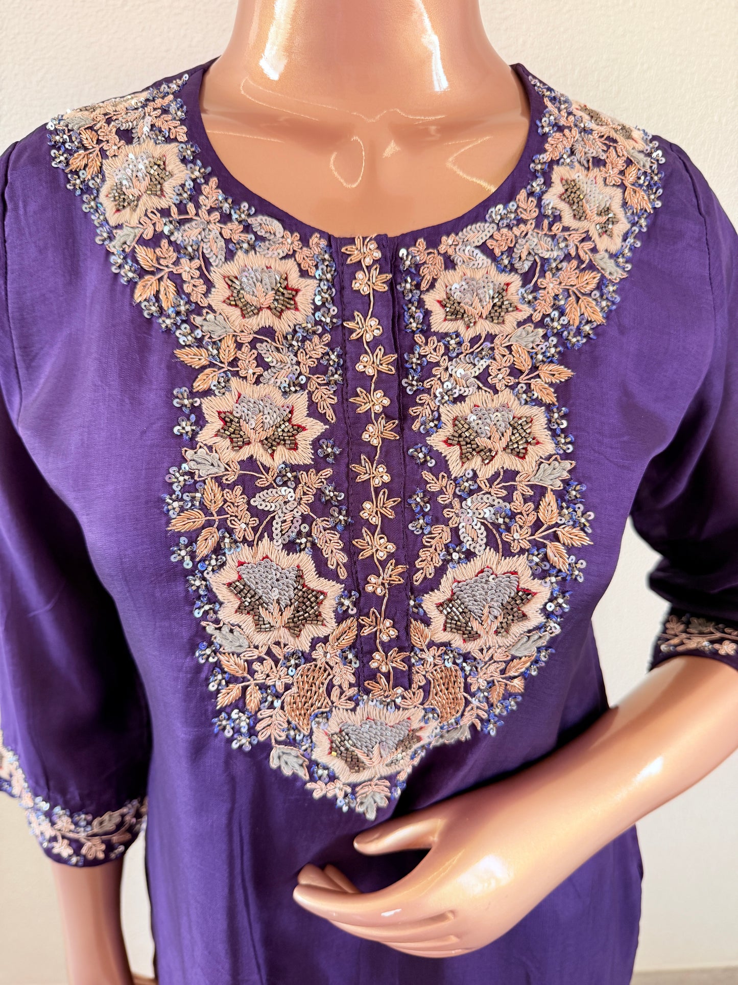 Dola Silk Short Kurta Suit Set- Purple