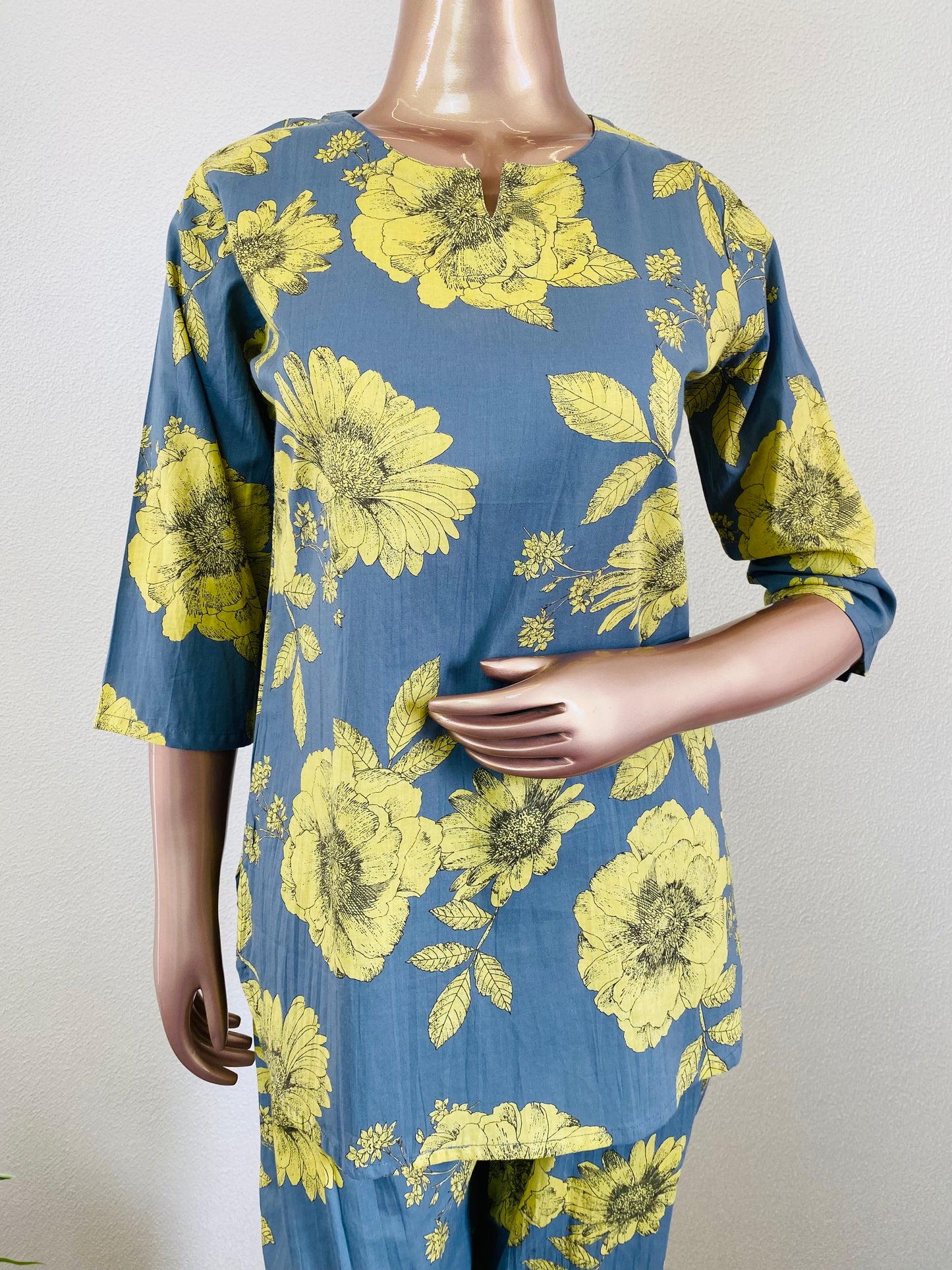 Flower Print Cotton Lounge Wear - Grey