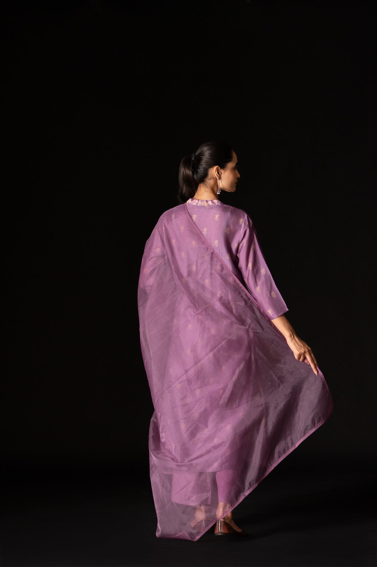 Printed Suit Set with Organza Dupatta - Lavender
