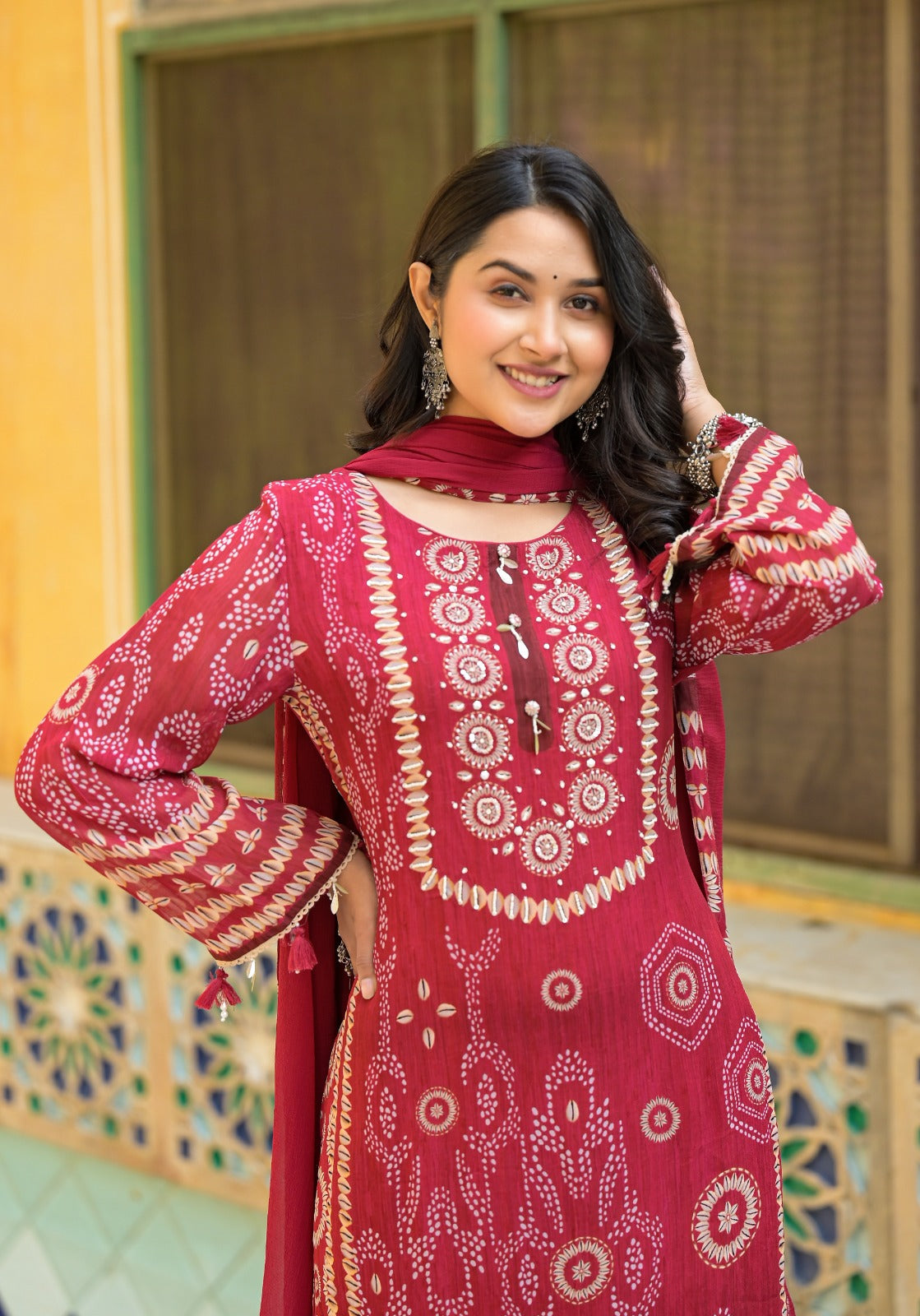 Shell Printed Premium Georgette Suit Set- Red