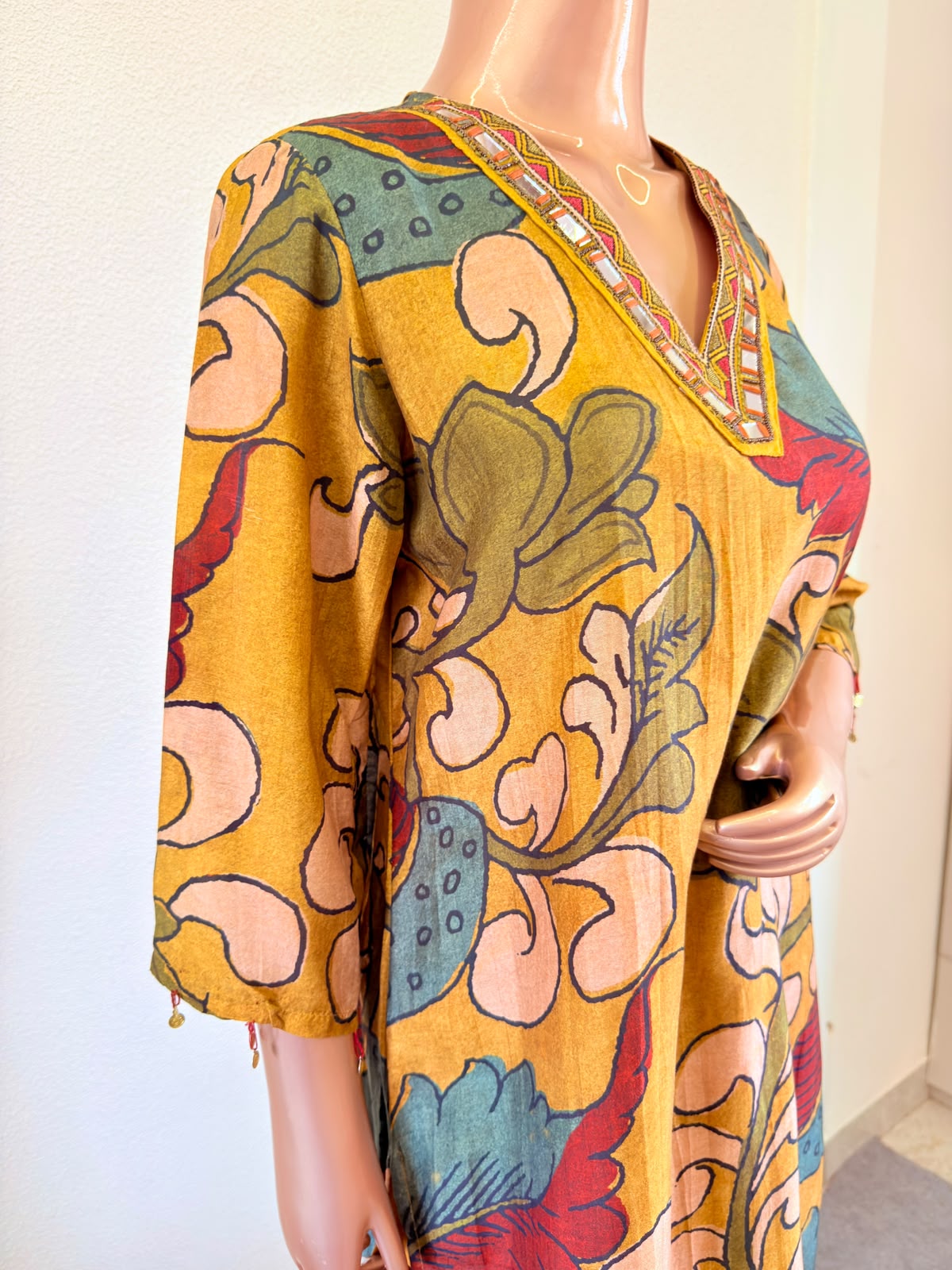 Digital Kalamkari Print Muslin Suit with Mirror Work Neckline - Mustard