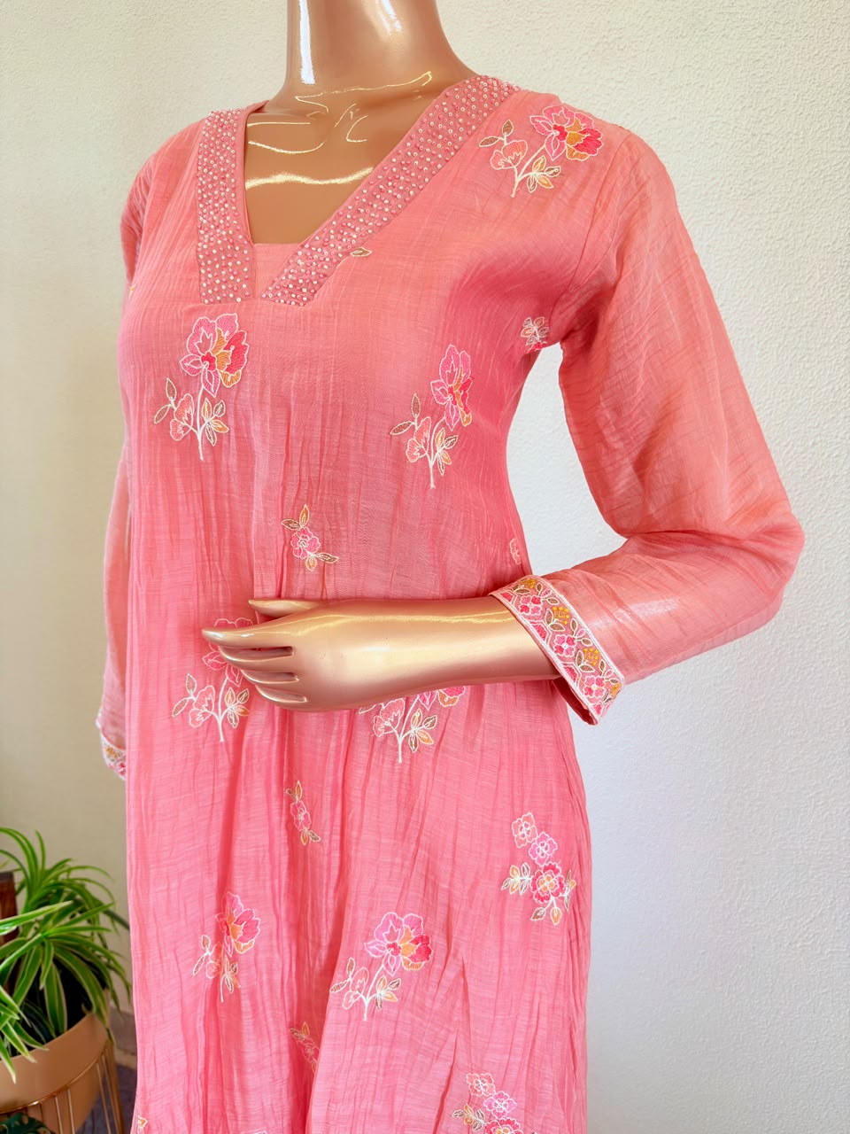 Crush Mul Chanderi A-Line Suit with V-neckline