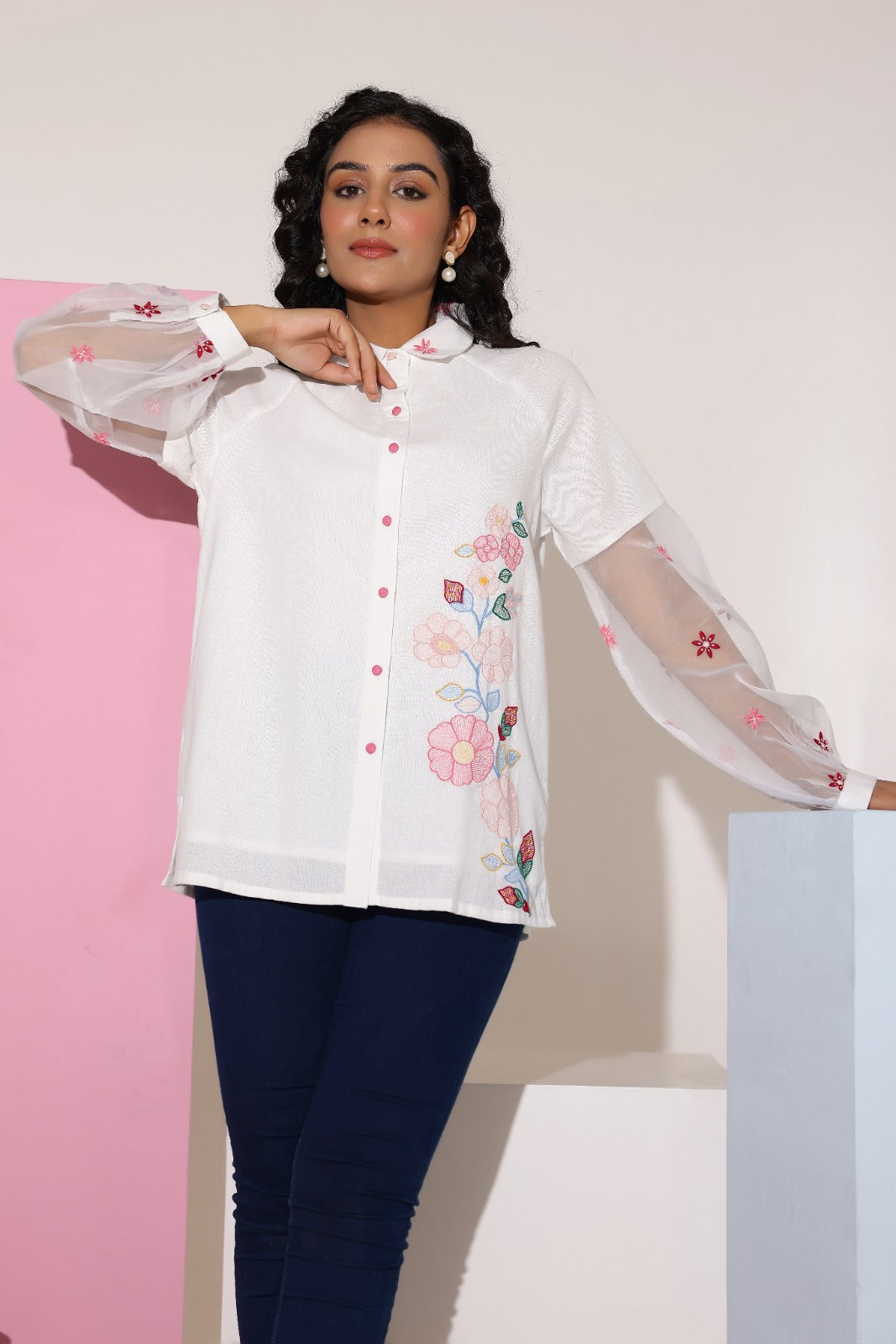 Embroidered Shirt with organza Sleeves