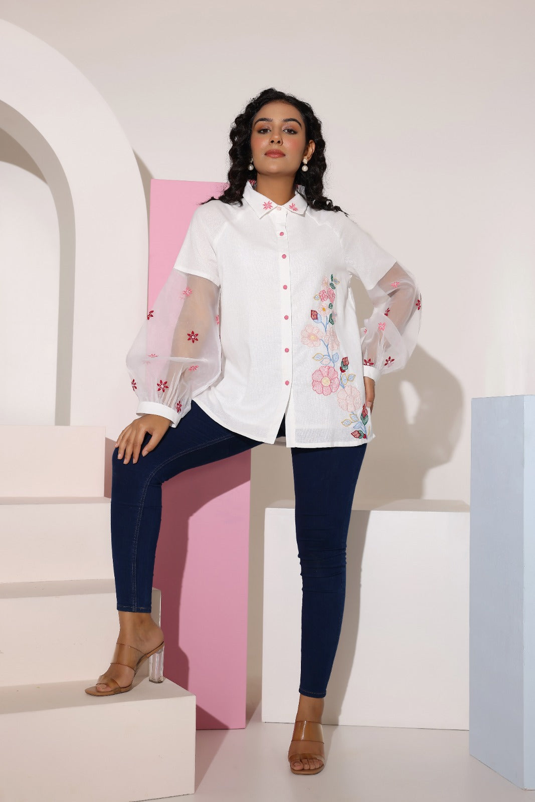 Embroidered Shirt with organza Sleeves