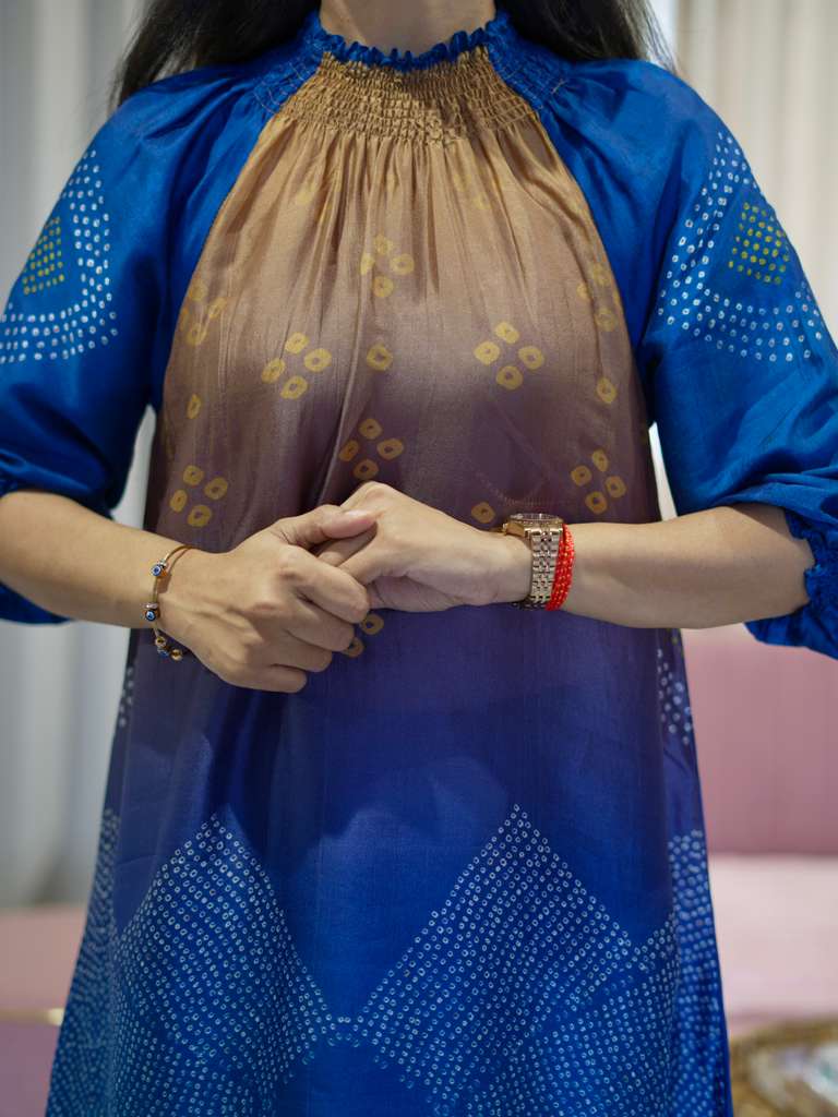 Premium Silk Kurta Pant set with Smoked Neckline- Blue