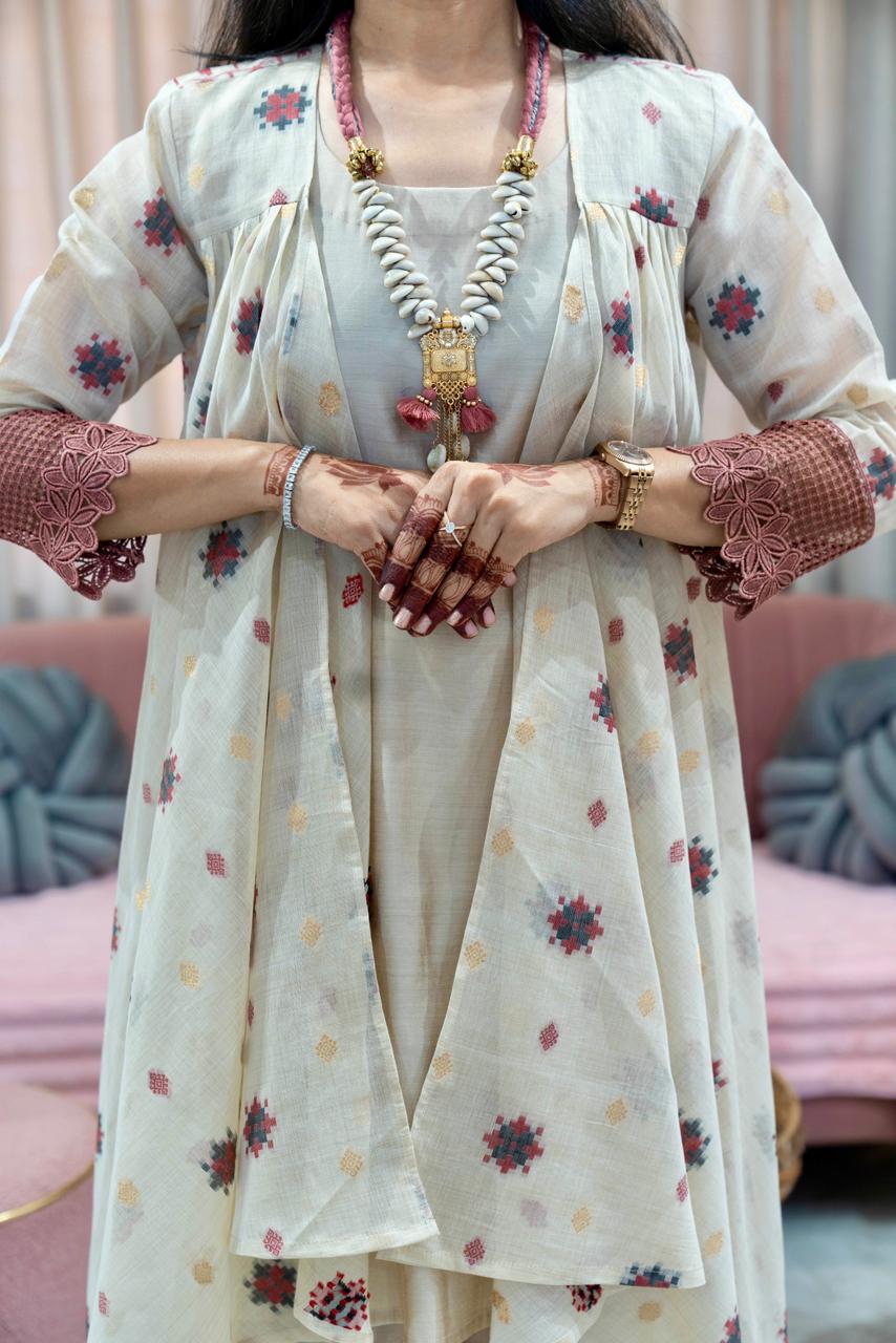 Pure Woven Chanderi Indowestern Set with statement Neckpiece