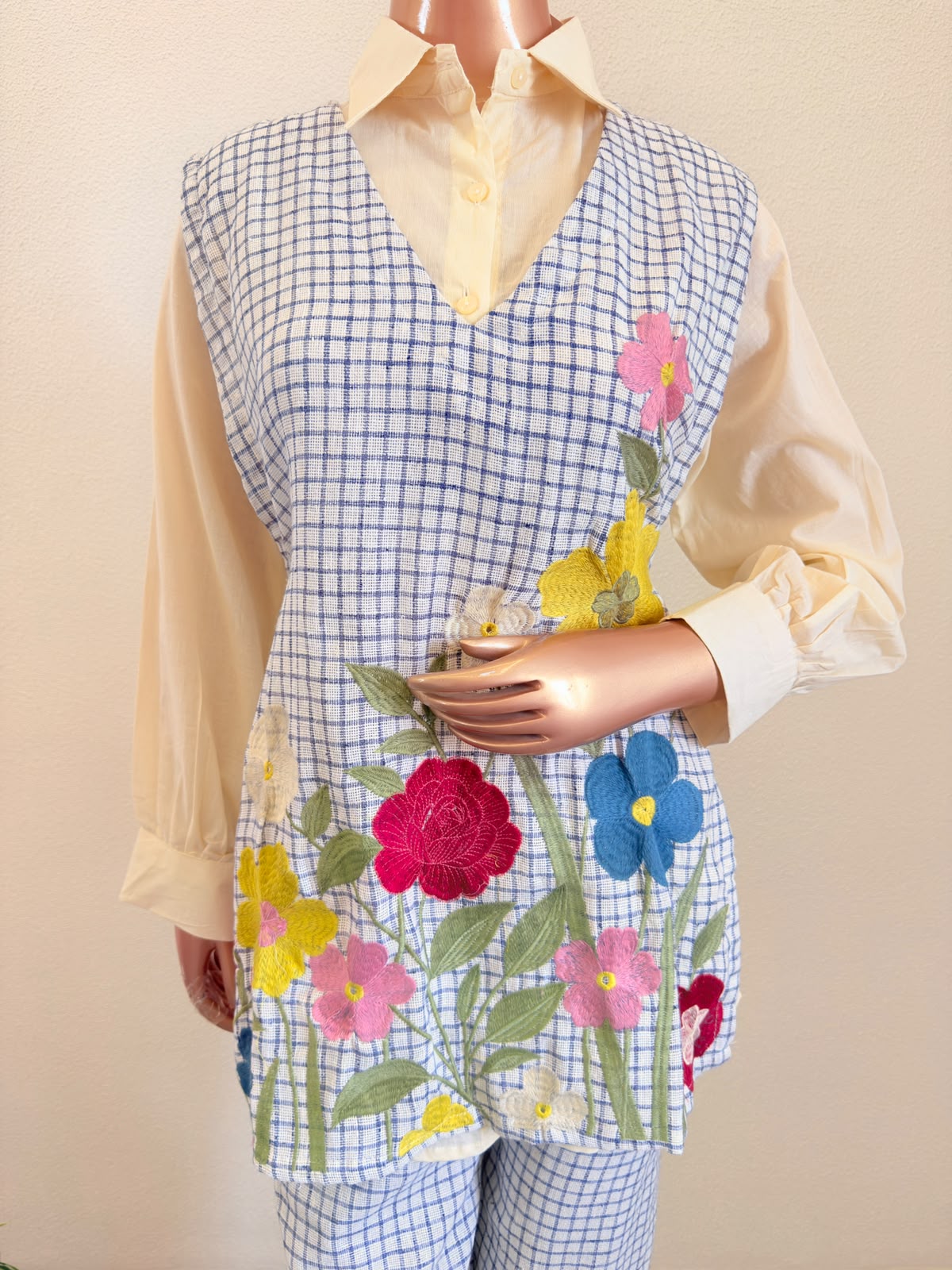 Grid-Print Jute Co-Ord Set with Vibrant Floral Embroidery and Button-Down Shirt
