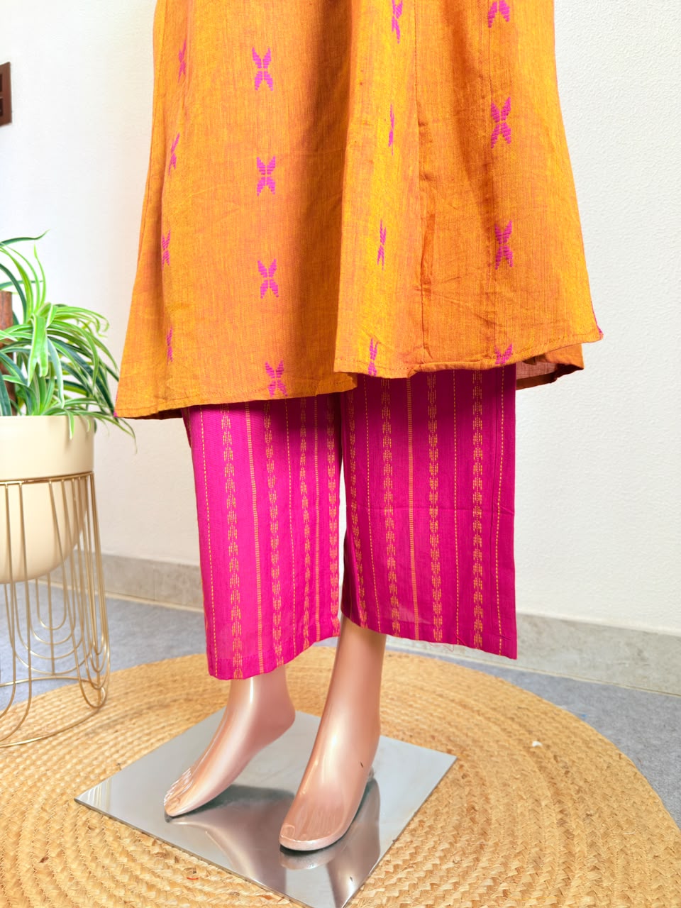Mangalgiri Ochre Suit Set with Palazzo and Contrast Dupatta (Extra Sleeves Given)