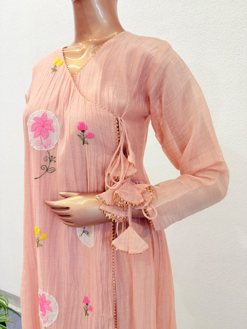 Floral Motif Angrakha Suit Set with Tassel Details and Dupatta