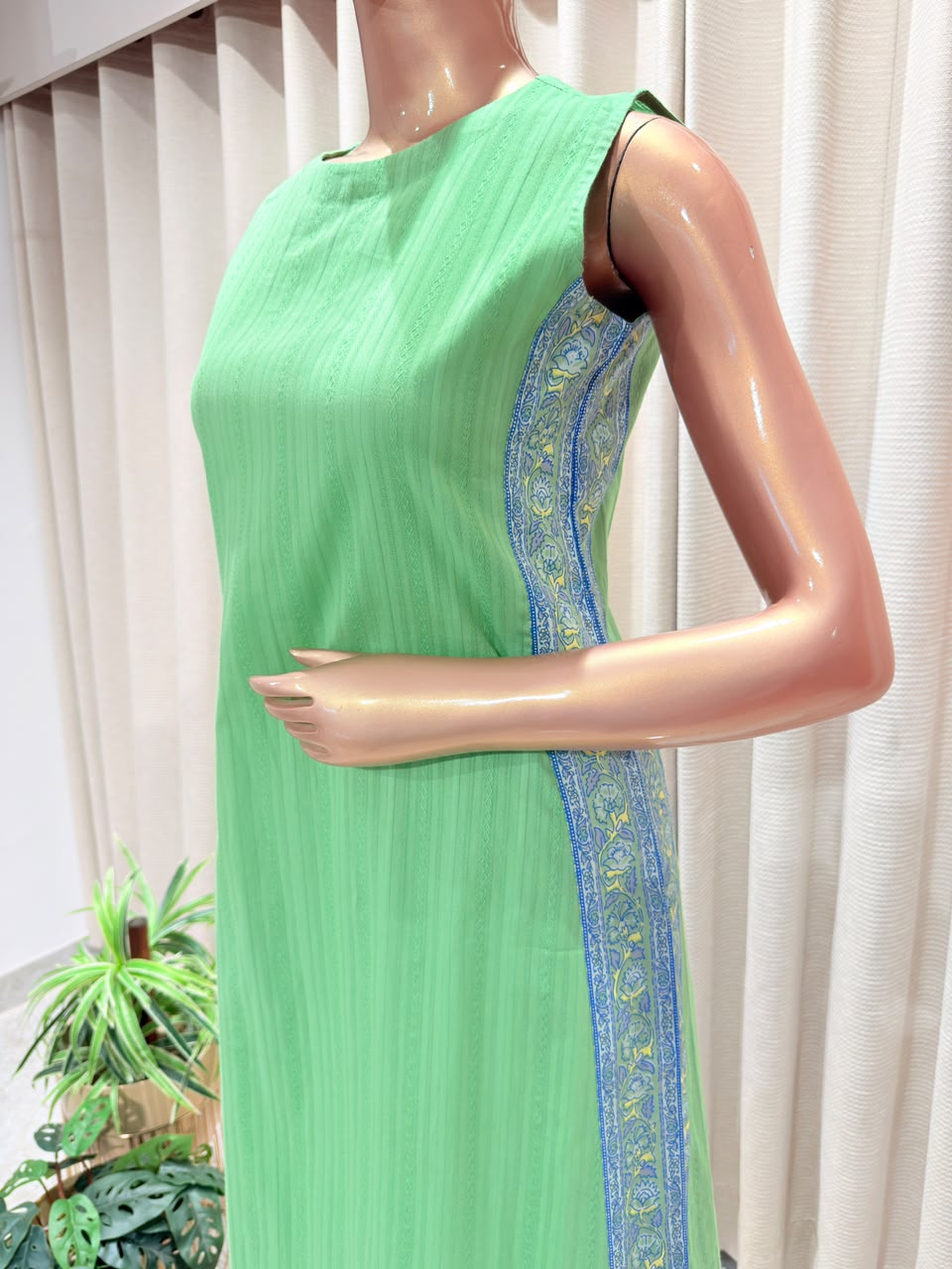 Self-Striped Panel Kurta Set with Schiffli Embroidered Trousers & Floral Dupatta