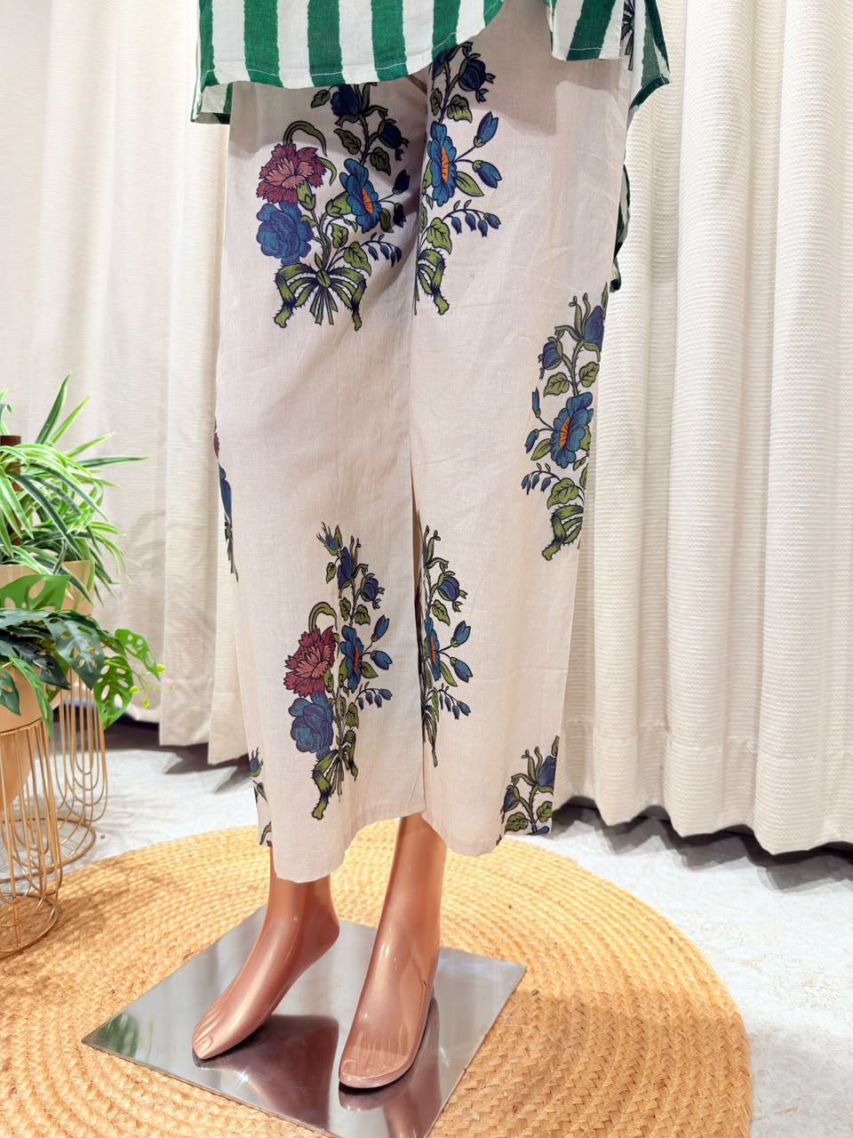 Striped Cotton Coord Set with Floral Print Trousers