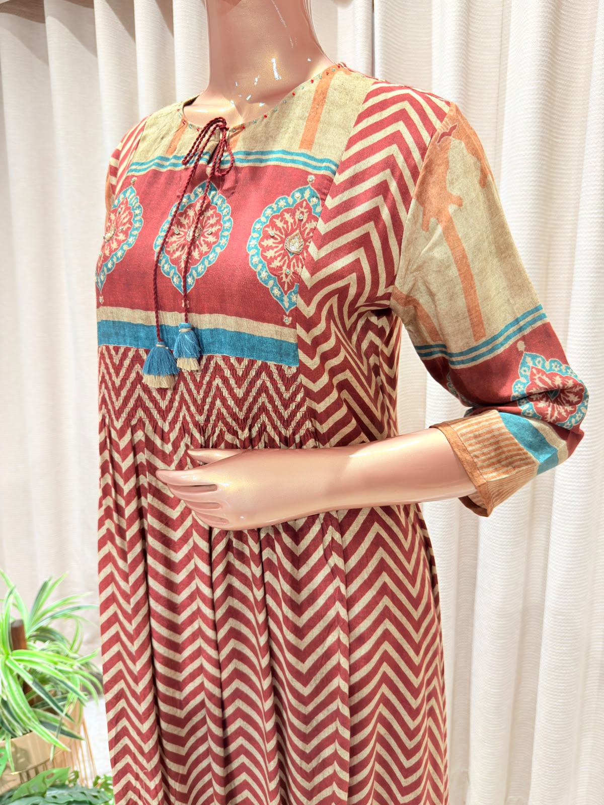 Premium Mughal Motif Panel Chevron Printed Flared Kurta Set