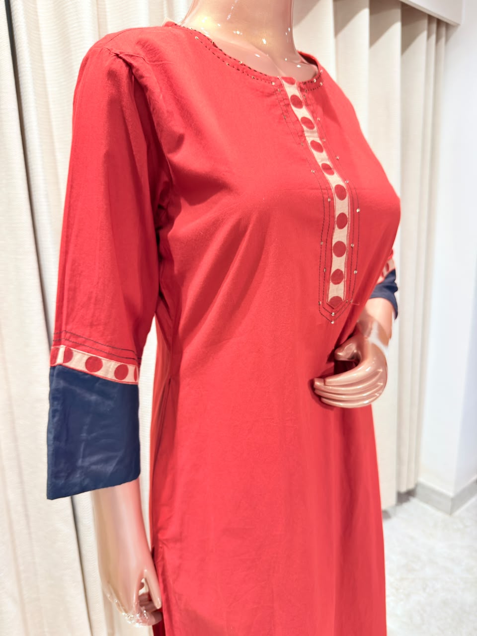 Contrast Placket Straight Suit Set with Geometric Print Dupatta