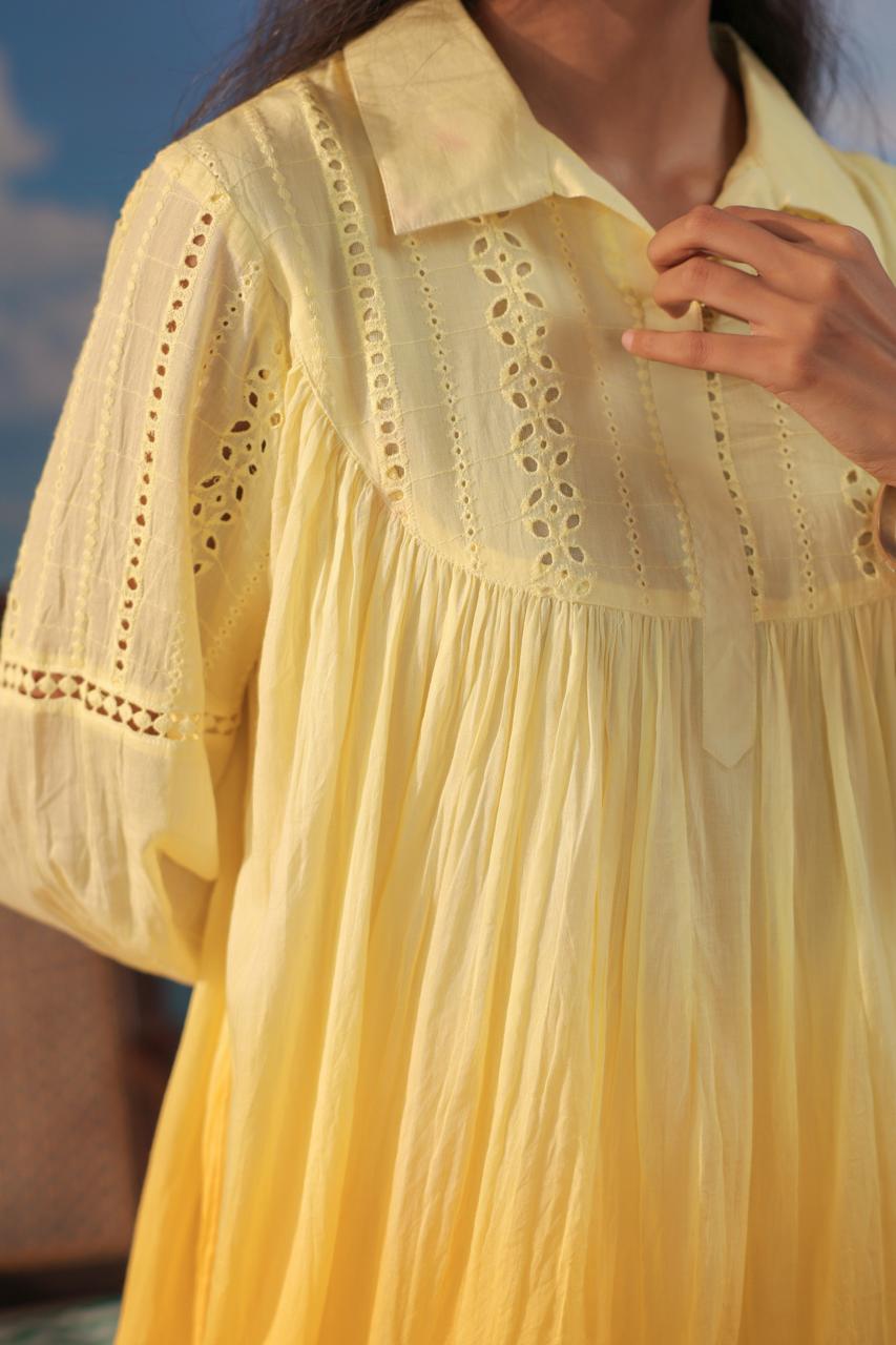 Schiffli Yoke Tunic Shirt with Farshi Pants - Yellow
