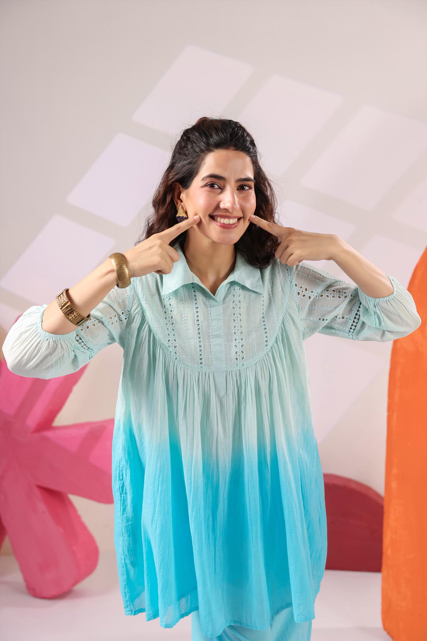 Schiffli Yoke Tunic Shirt with Farshi Pants - Blue