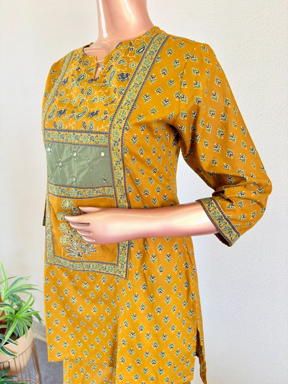 Mirror Work Paneled Booti Print Short Kurta Set with Dupatta & Palazzo