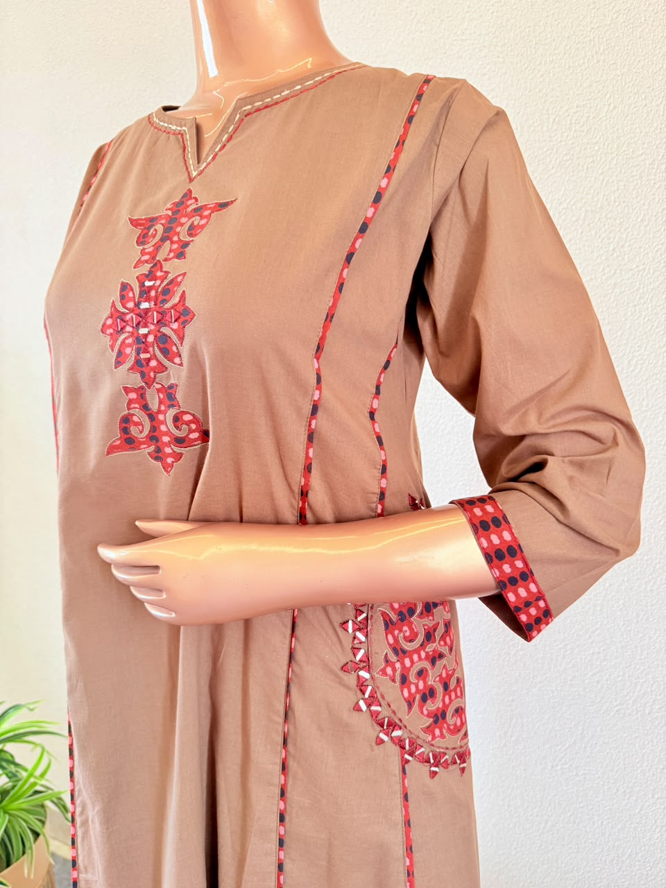 Gamthi style Applique & Mirror Work A-Line Suit Set with contrast dupatta