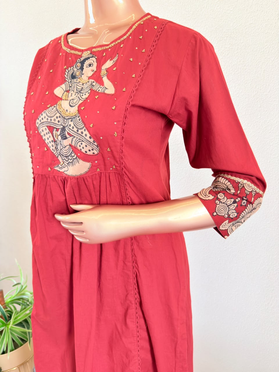 Kalamkari Classical Dancer Embroidered A-Line Side Cut Suit Set with Dupatta - Red