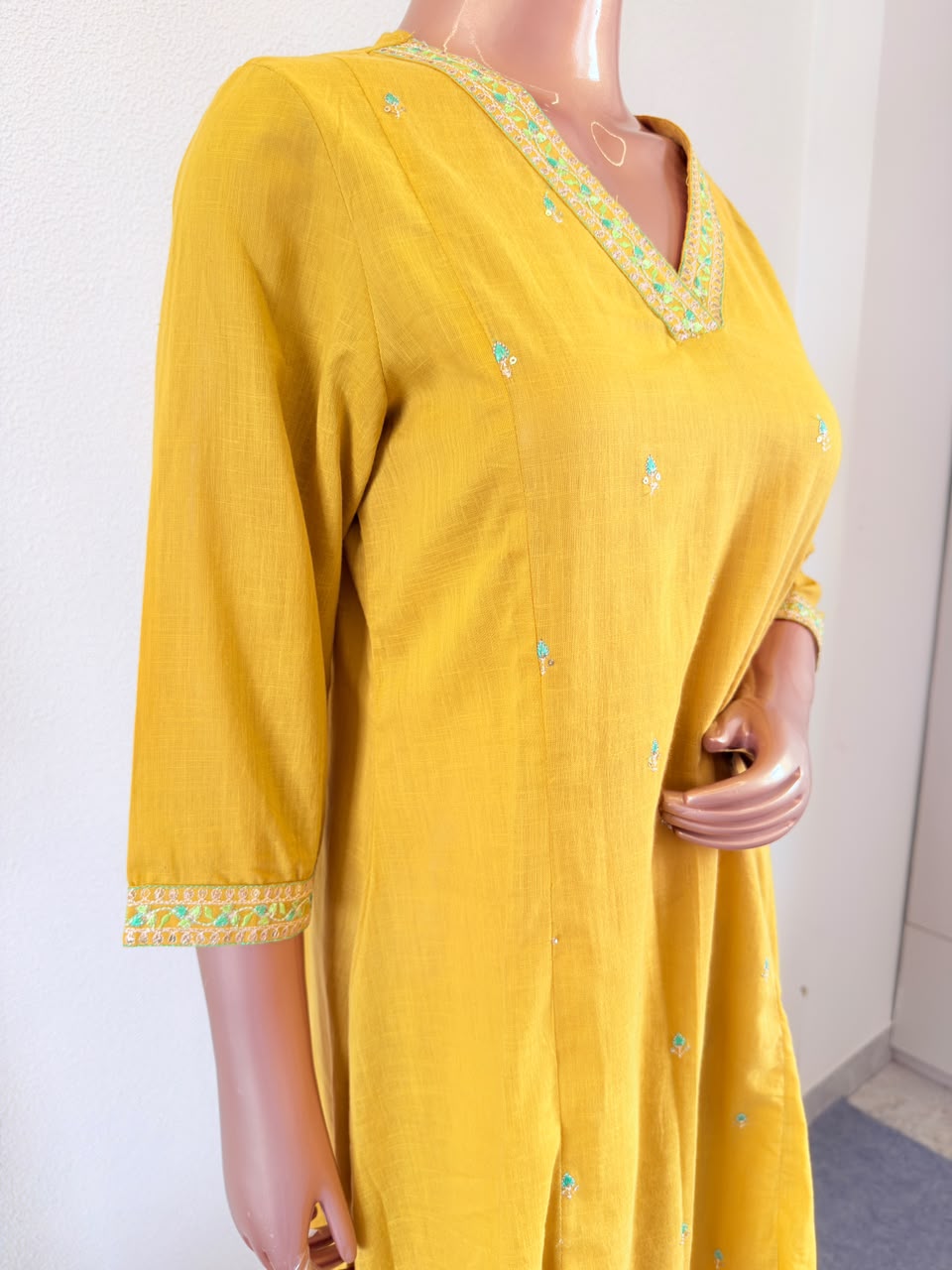 Embroidered V-Neck A-Line Suit Set with Kota Doria Dupatta