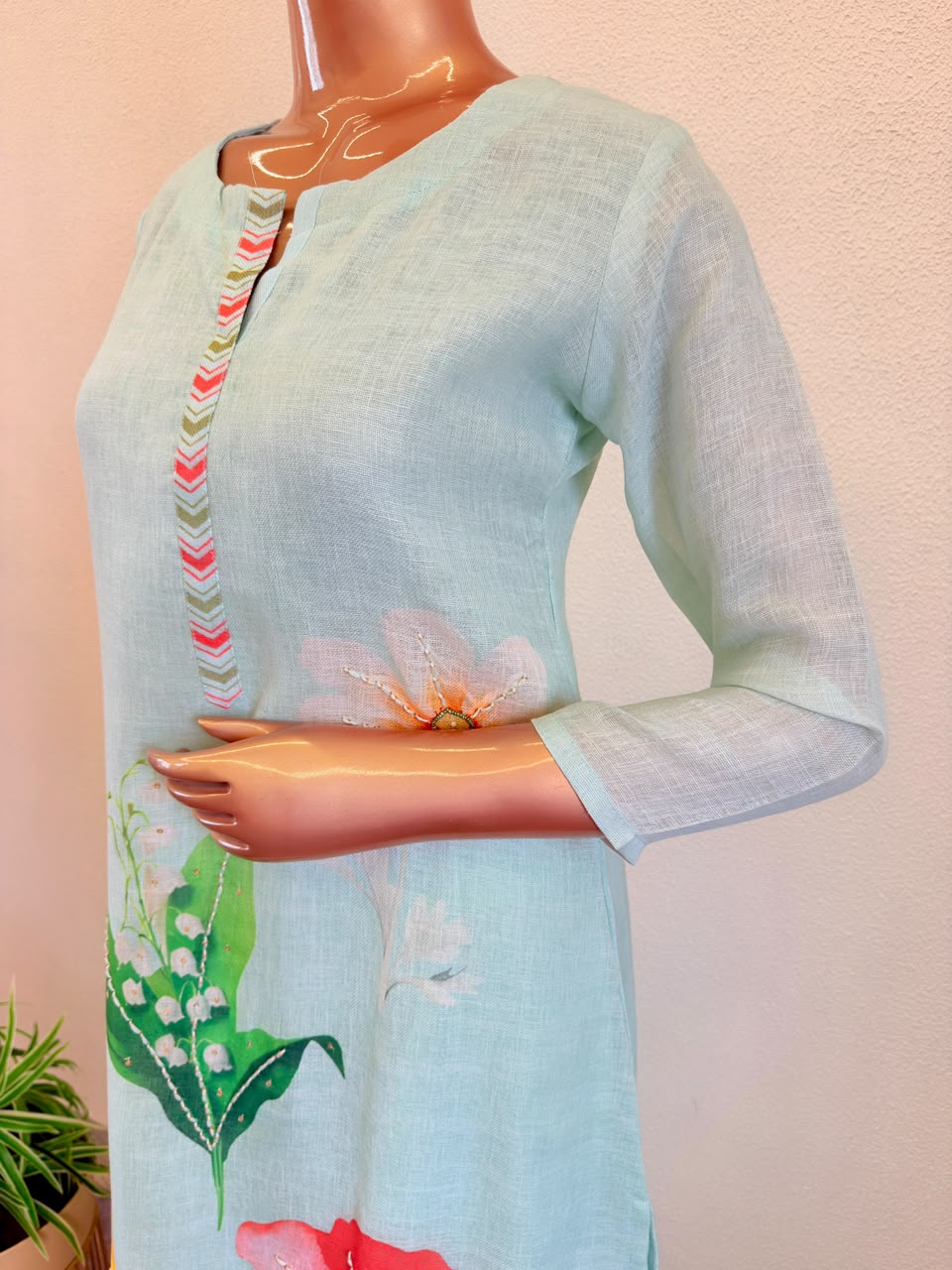 Premium Pastel Aqua Straight Suit Set with Detailed Floral Art
