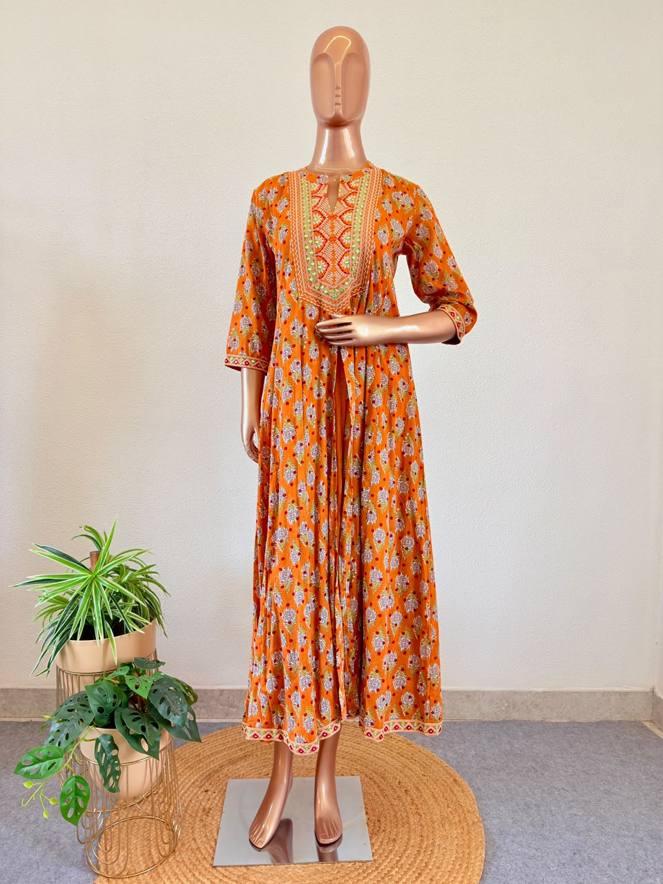 Mirror Work Yoke Floral Print Anarkali Kurta with Dupatta
