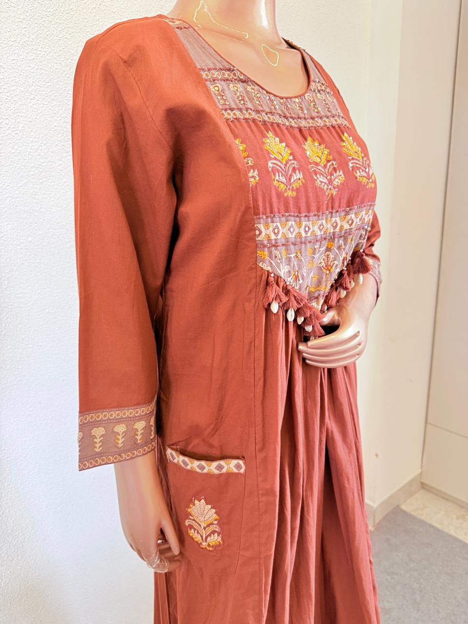 Kalamkari Yoke Tasseled Anarkali Suit Set with Trouser & Printed Dupatta