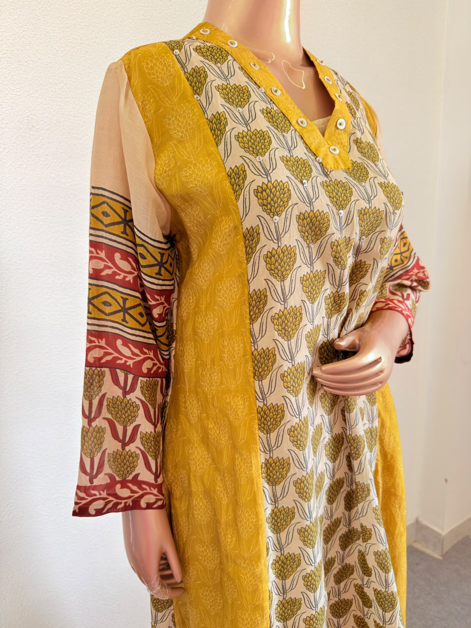 Lotus Print Mul Chanderi Flared Kalidar Kurta Set with Detachable Inner & Pants - Yellow