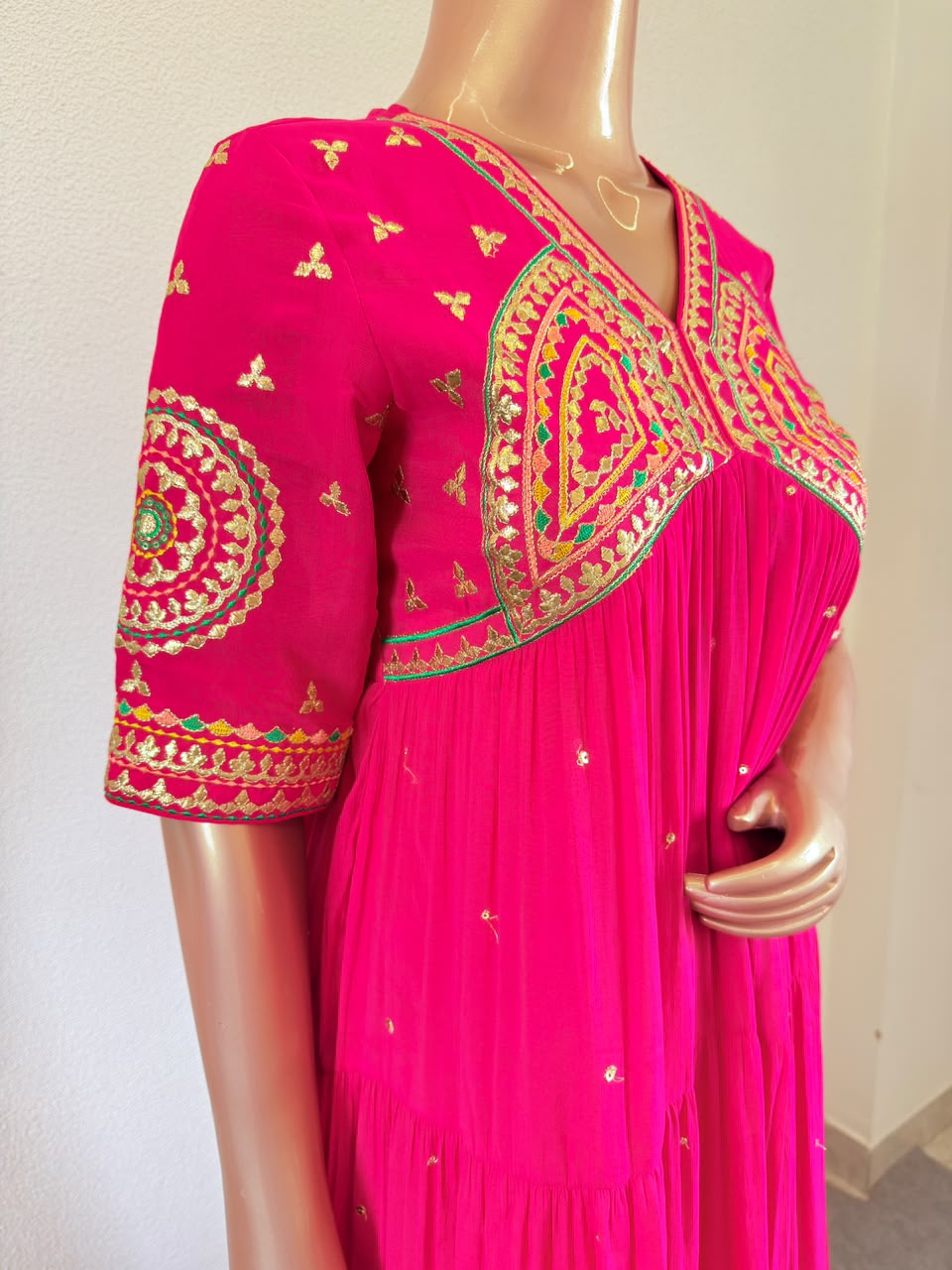 Embroidered Sweetheart Yoke Tiered Anarkali Set with Flared Palazzo & Organza Dupatta
