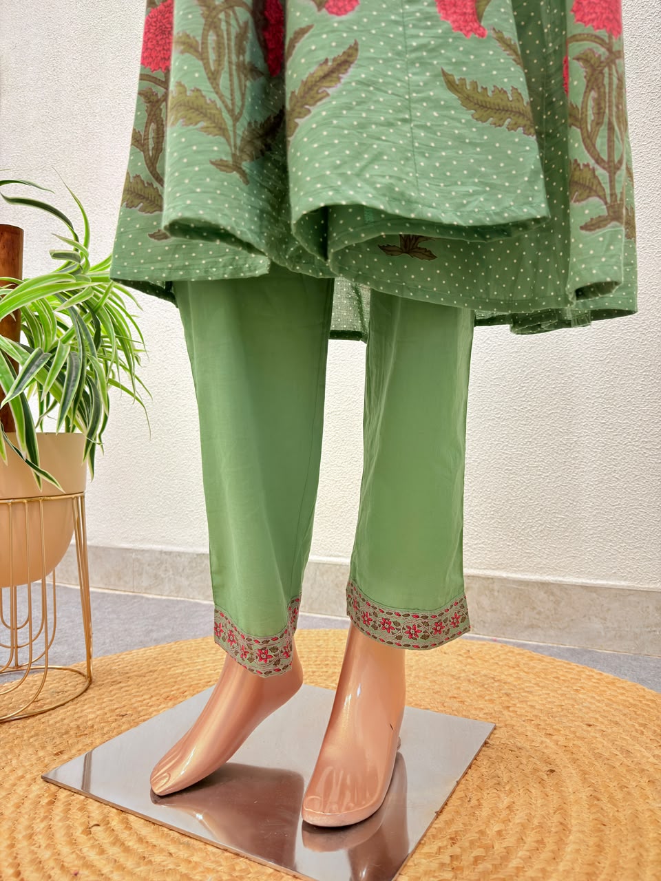 Embroidered Placket Cotton Kalidar Suit Set with Ombre Dual-Tone Dupatta