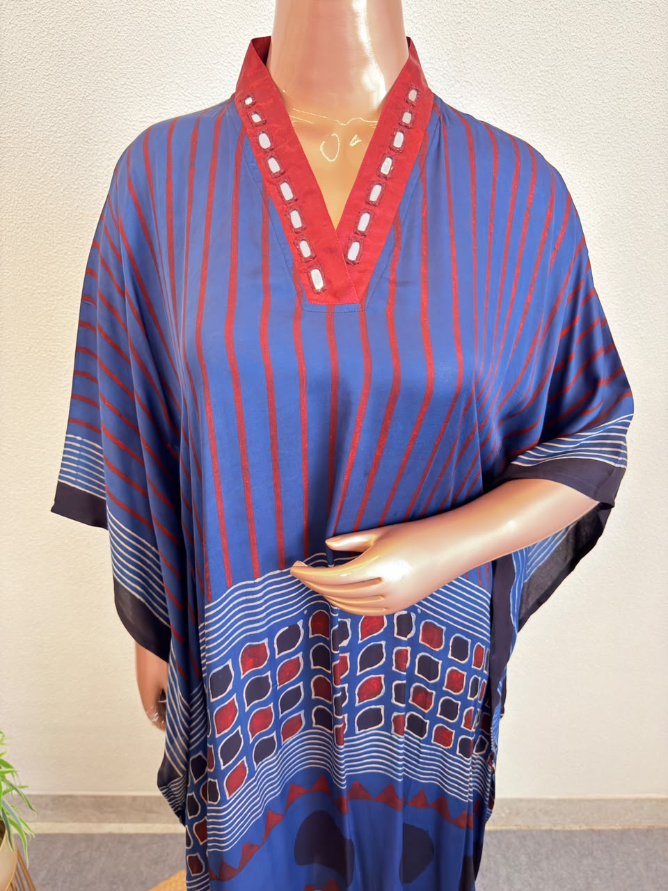 Mirror-Detailed V-Neck Silk Kaftan Set with Geometric & Polka Block Prints-Blue
