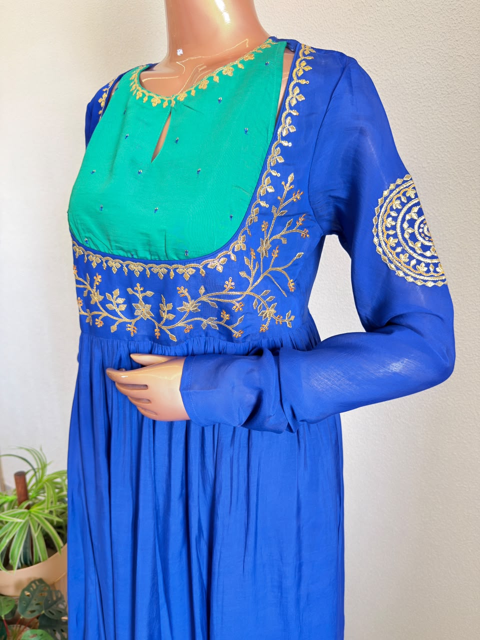 Contrast Yoke Embroidered Waist-Gathered Anarkali Set with Flared Palazzo & Tissue Dupatta
