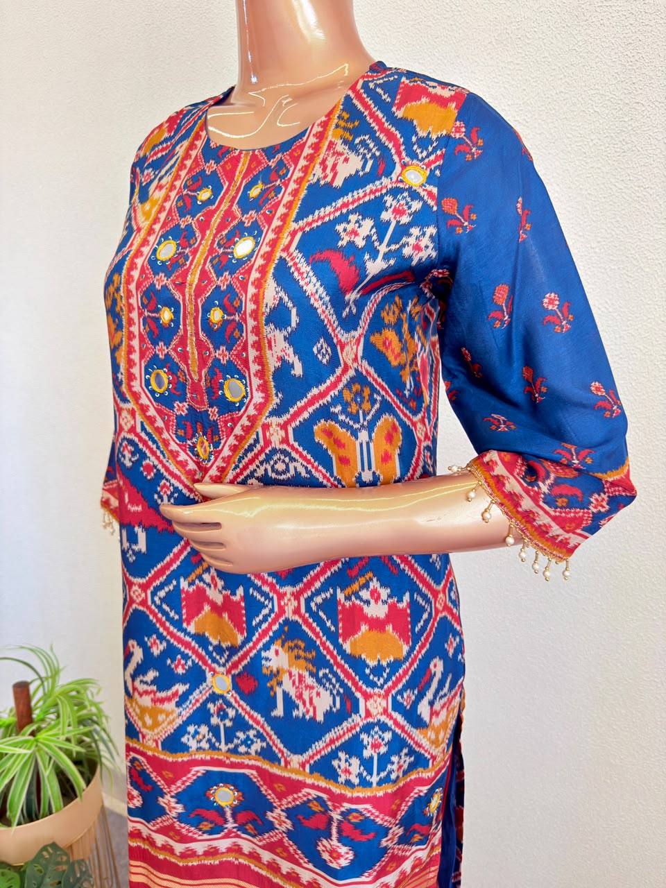 Traditional Patola Block-Print Kurta Set with Mirror & Coin Work Yoke